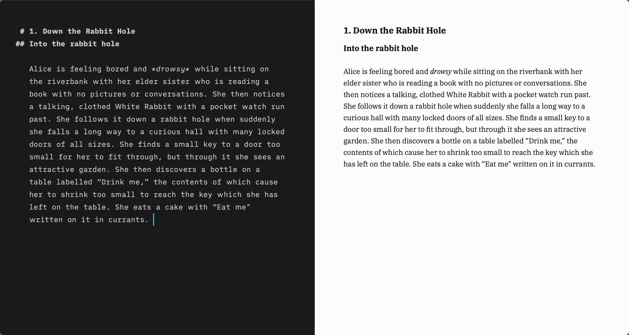 The iA Writer desktop window in split view: Markdown source in a dark monospaced pane on the left, with the heading markers outdented, and the same text typeset in a serif face on the right.