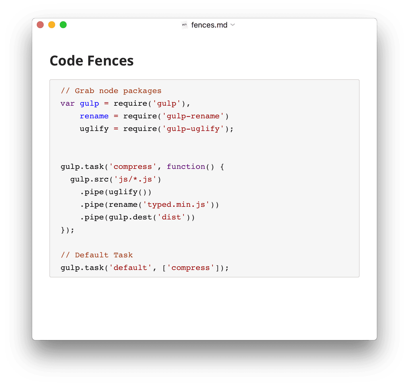 The Typora desktop window editing a Markdown document, with headings, body text, and a syntax-highlighted code fence rendered in place of the source markers.