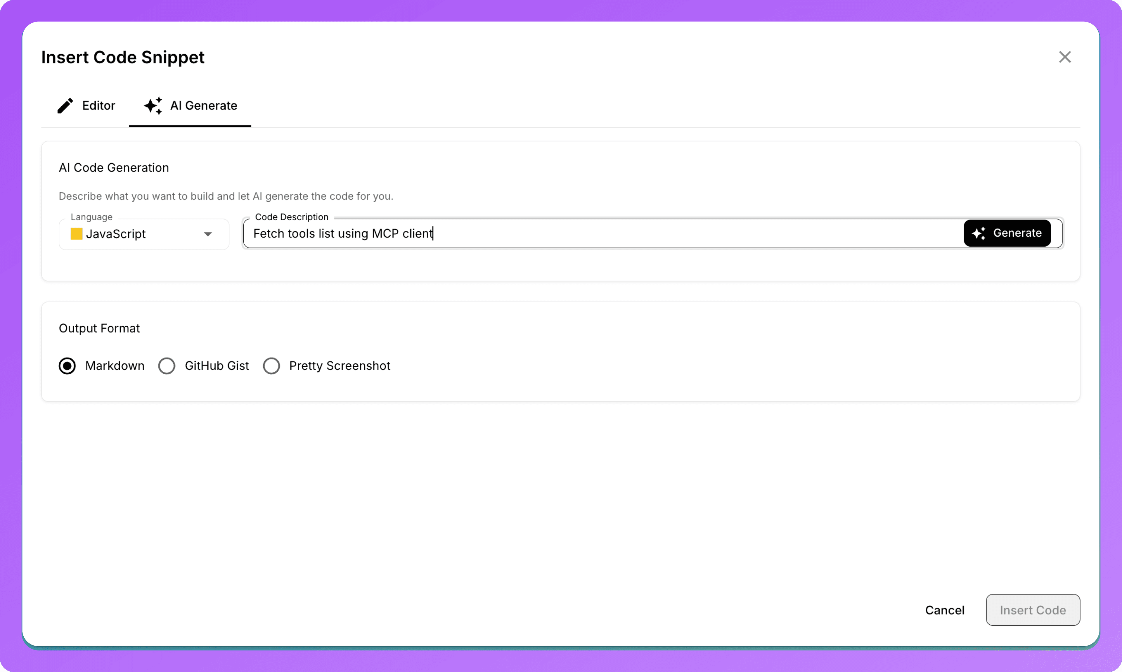 mdedit.ai AI assistant generating a code snippet from a prompt inside a technical document