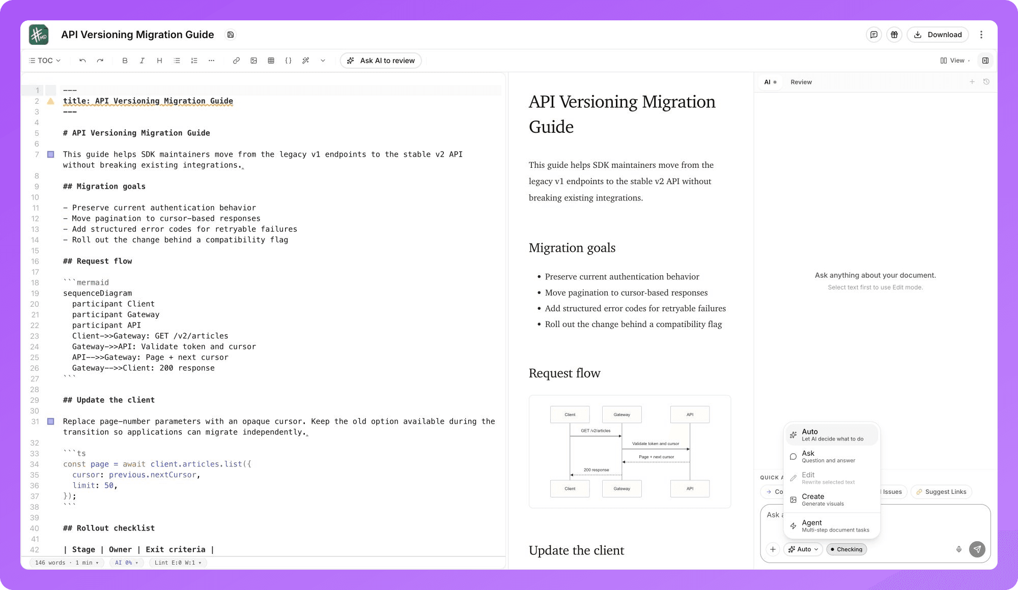 AI modes for controlled review and editing