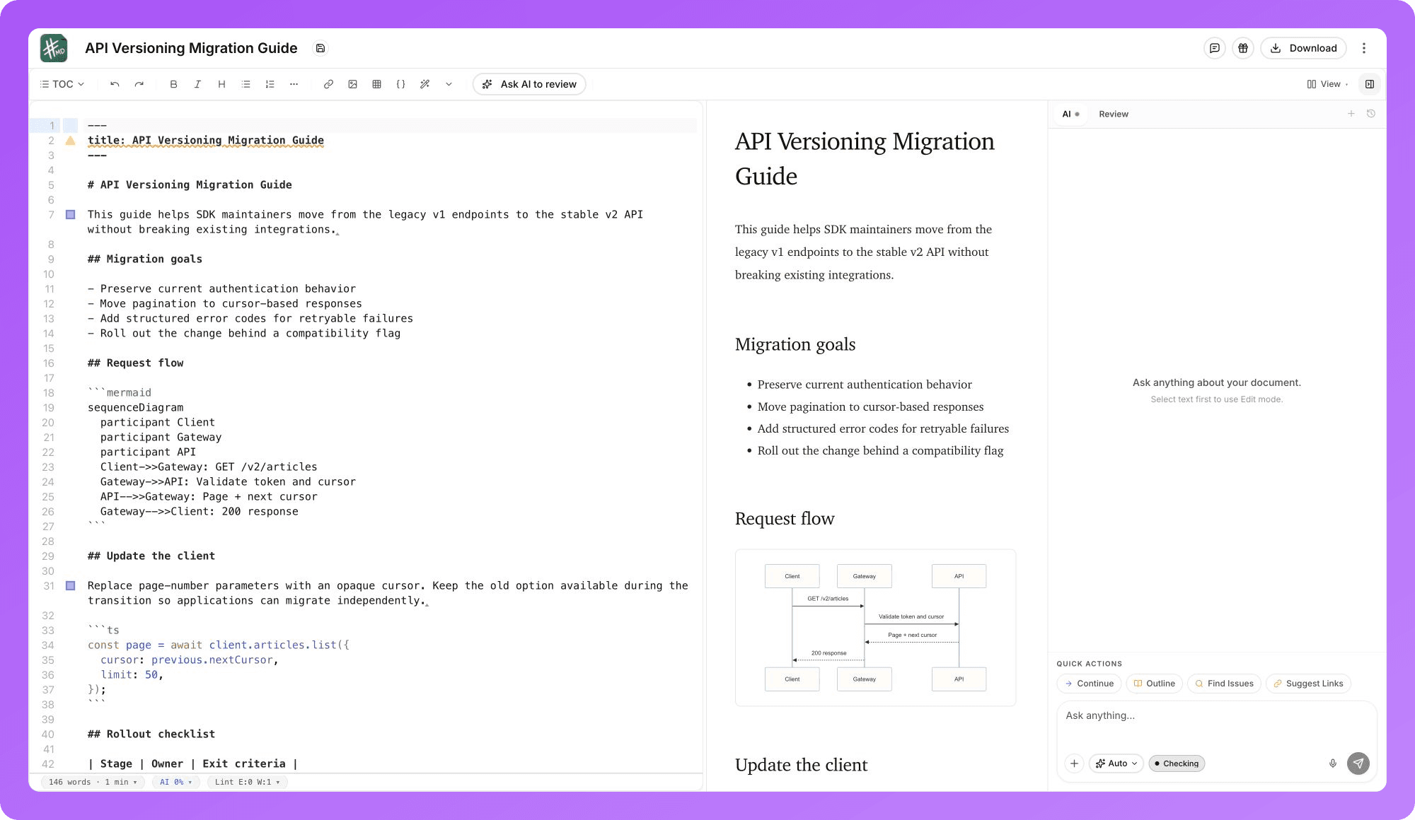 Long API migration guide shown as Markdown source and rendered preview