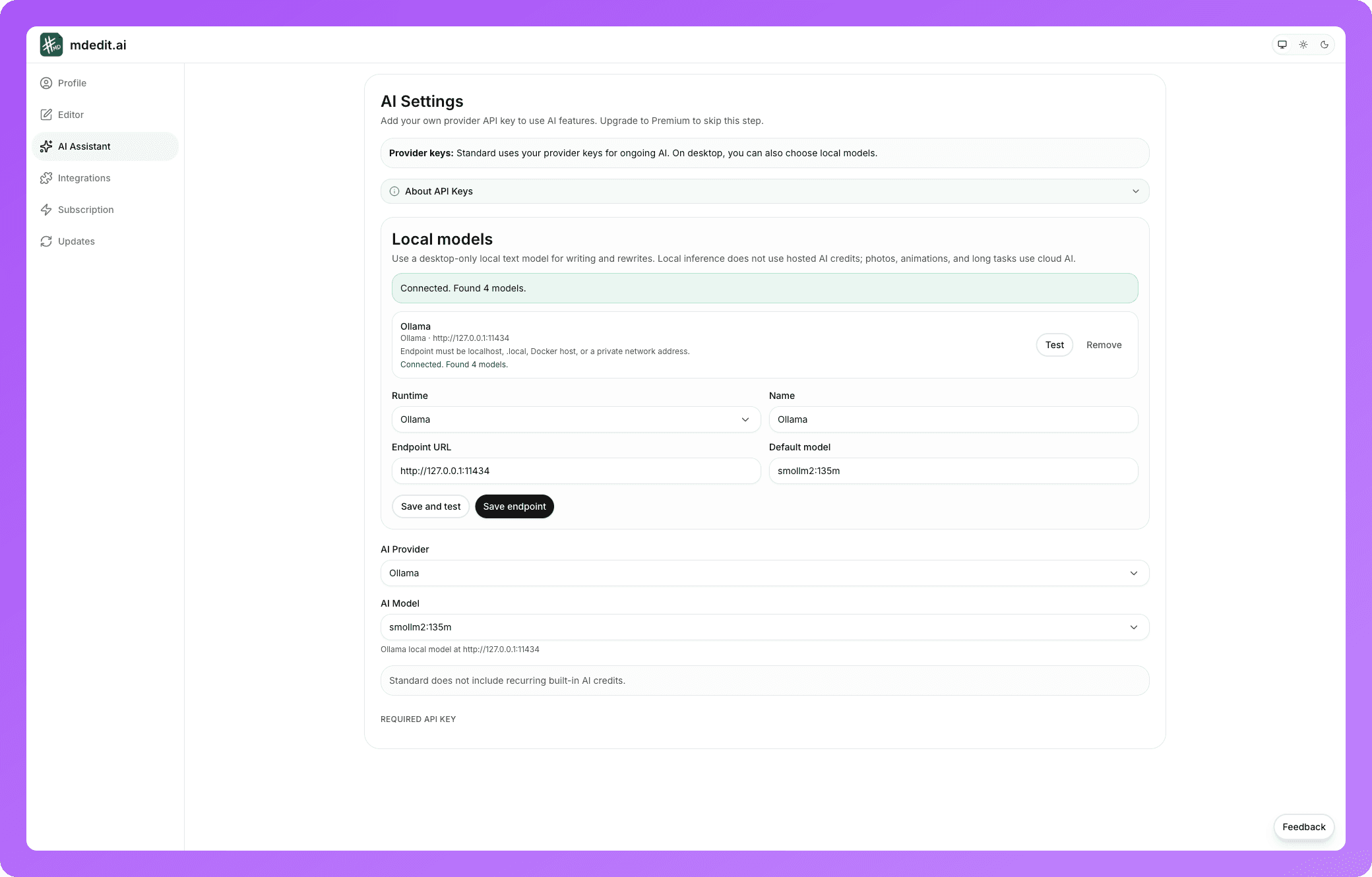 mdedit.ai desktop connected to a healthy local Ollama endpoint with detected models