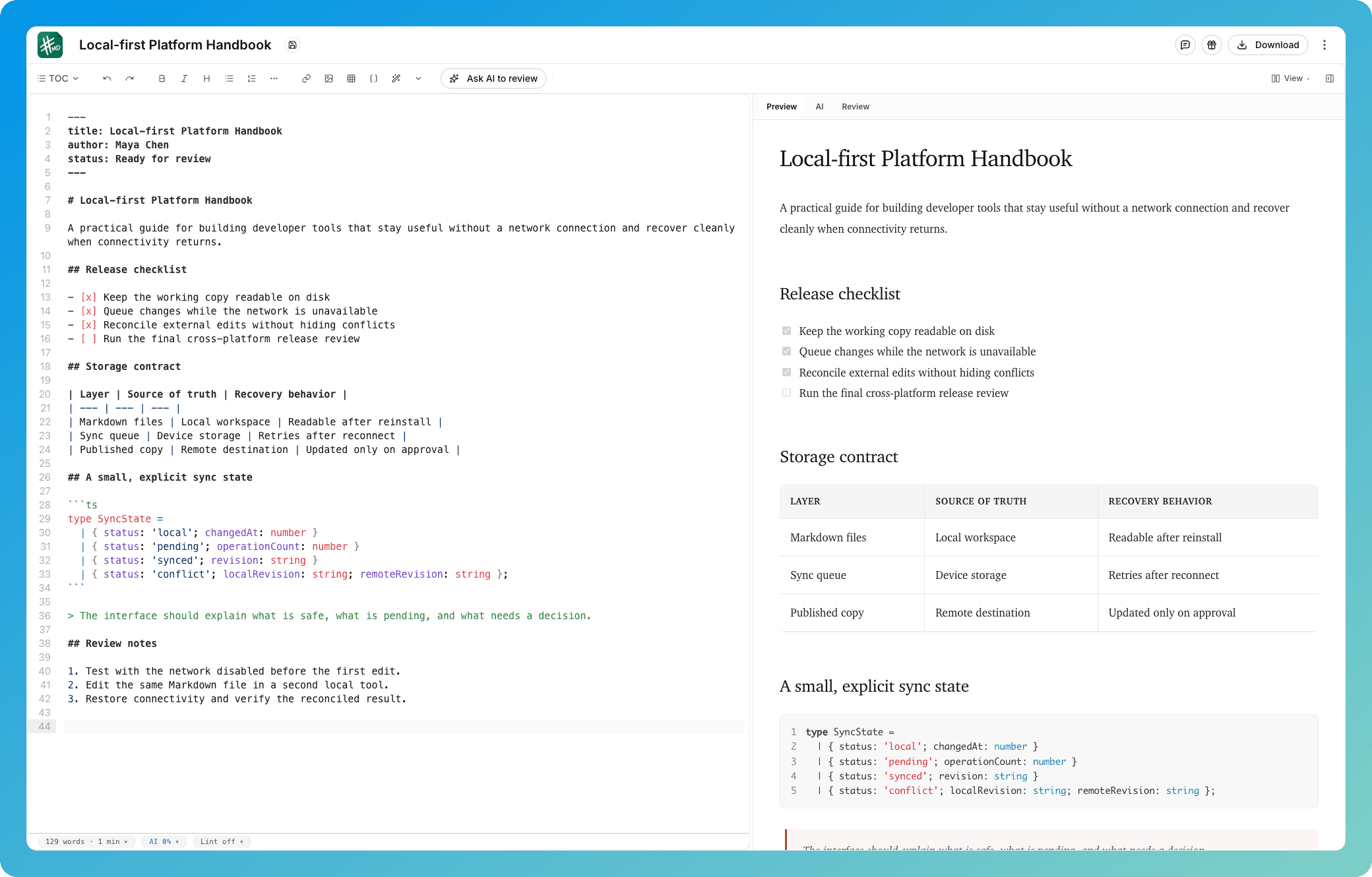mdedit.ai desktop app editor view
