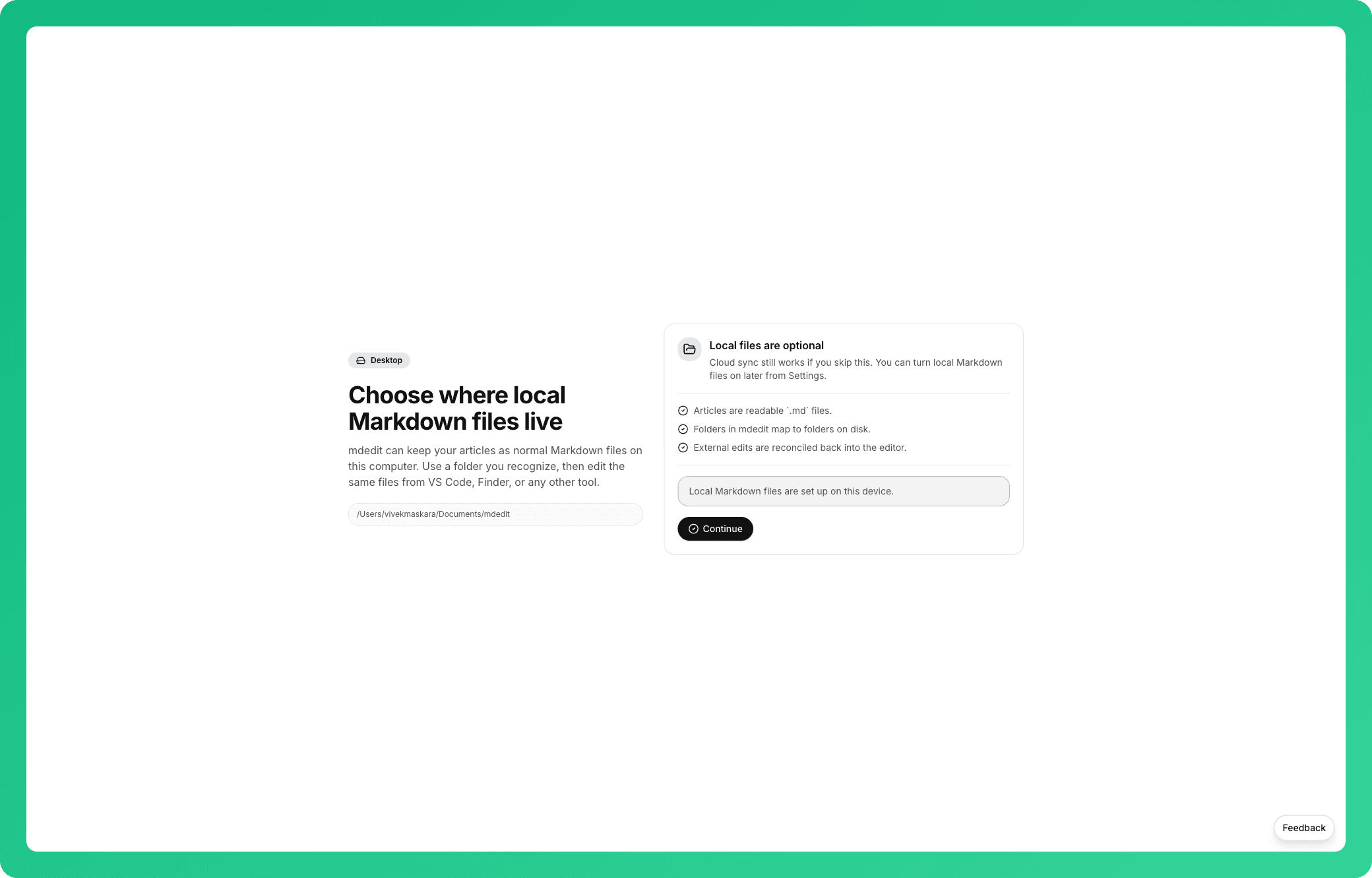 mdedit.ai desktop app local Markdown workspace setup