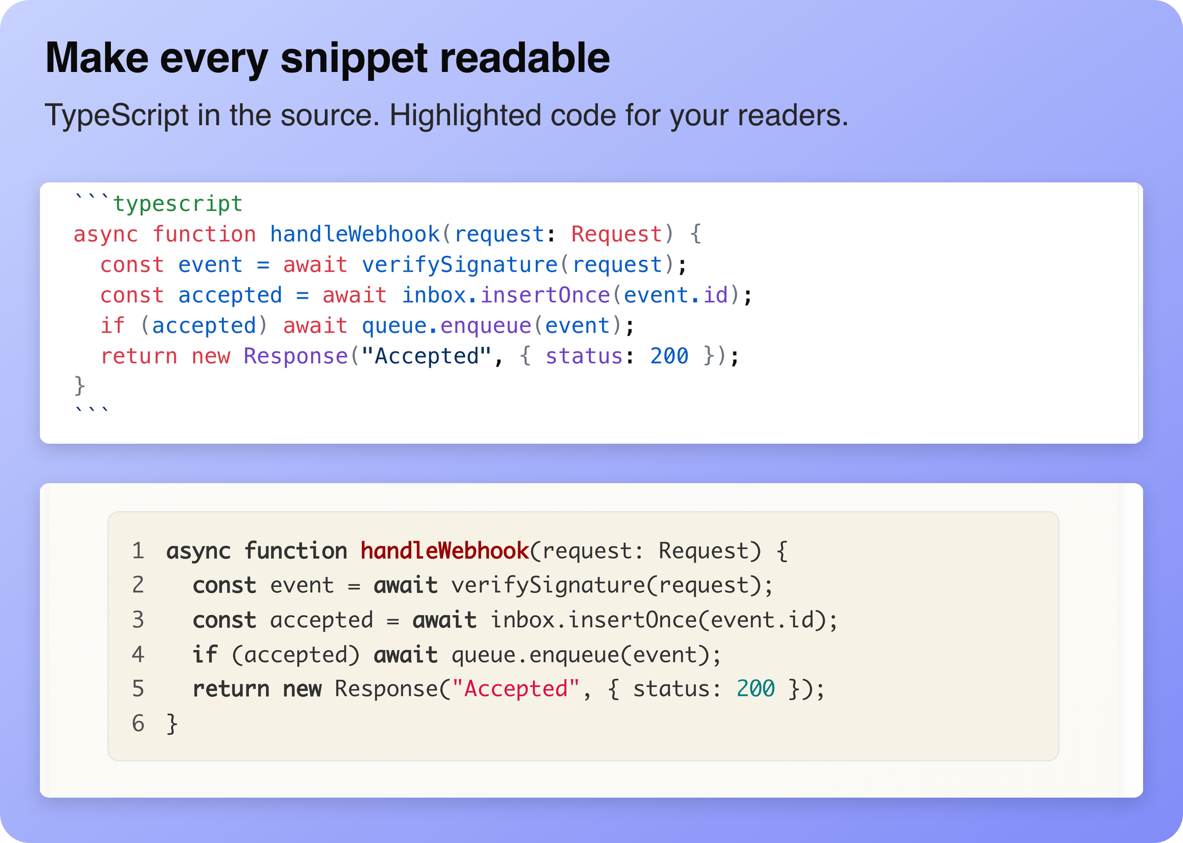 TypeScript webhook handler in Markdown source and its syntax-highlighted rendered code block