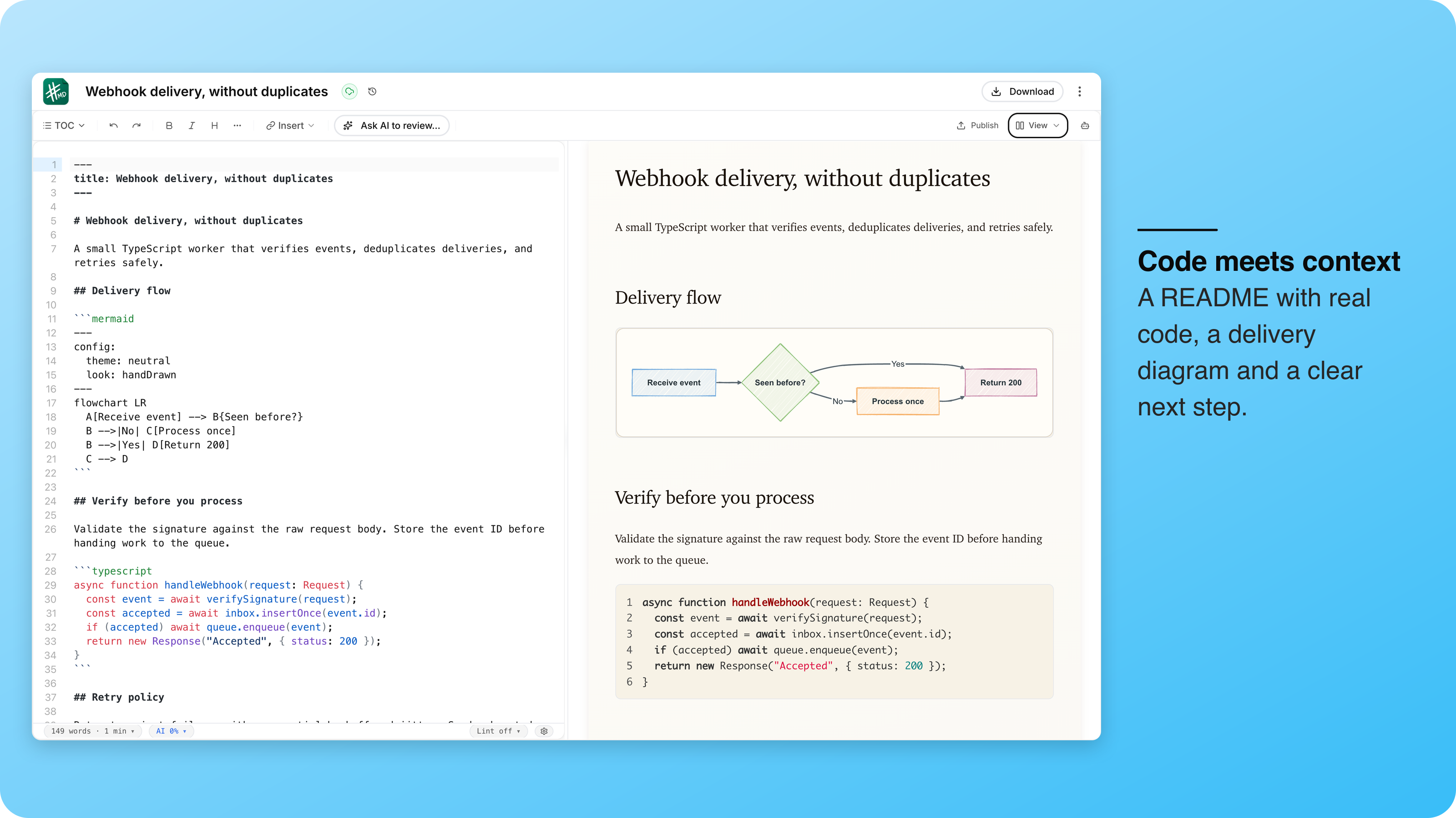 Webhook delivery guide in the mdedit.ai workspace, with Markdown source, live preview, and a rendered delivery flow