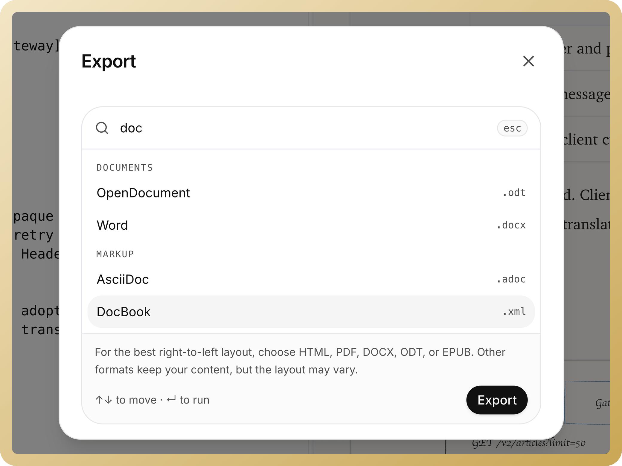 Document export options including DOCX, ODT, AsciiDoc, and DocBook