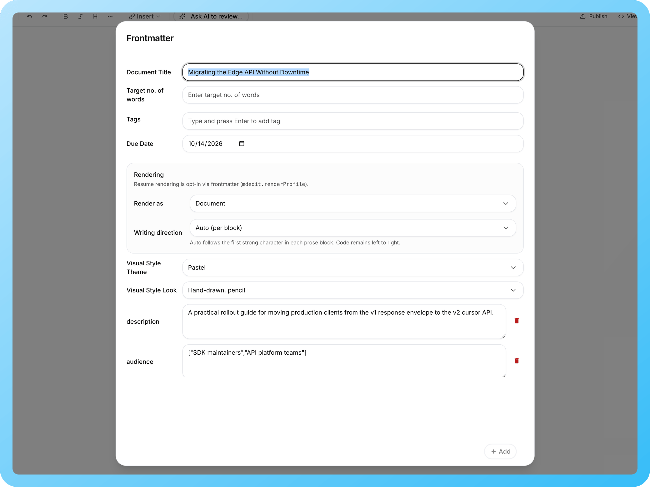 Keep document metadata and rendering preferences with Markdown.