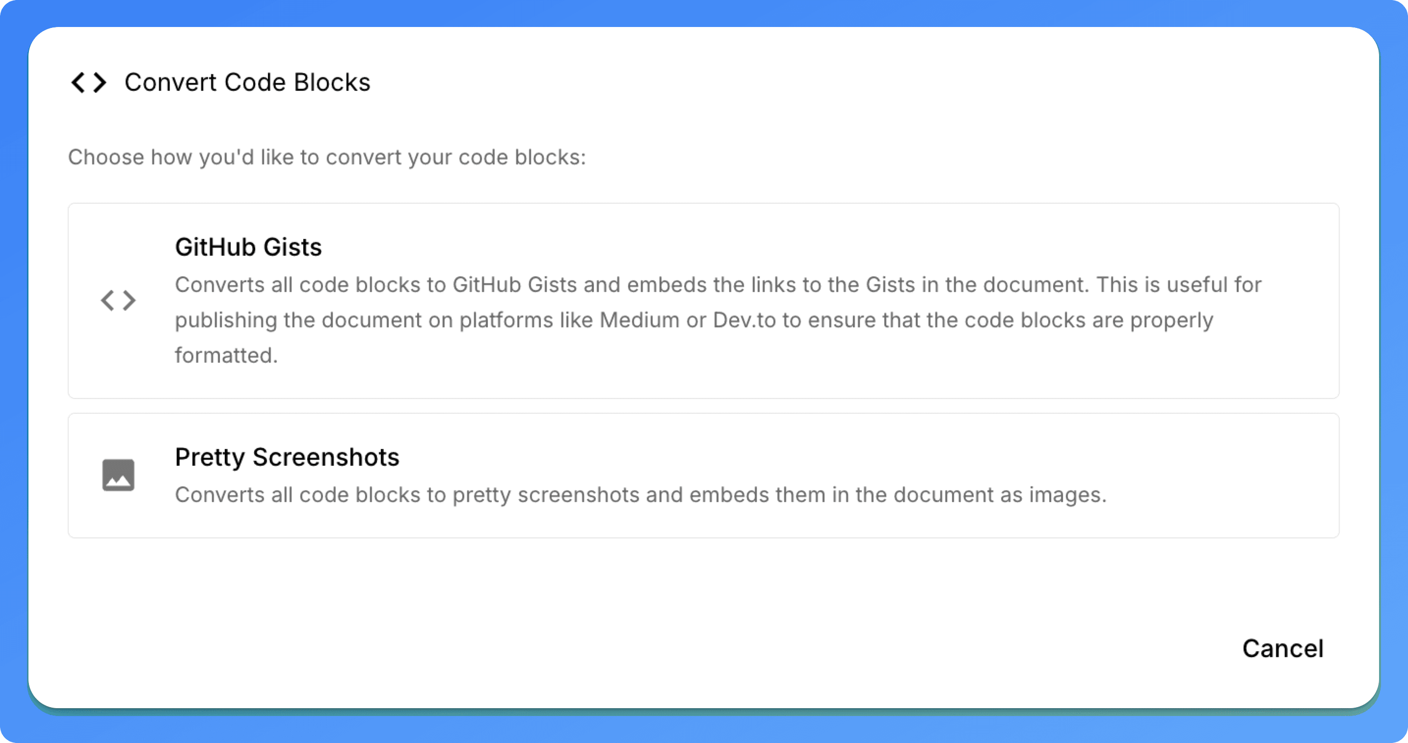 mdedit.ai editor embedding a code snippet as a GitHub gist or a styled code screenshot