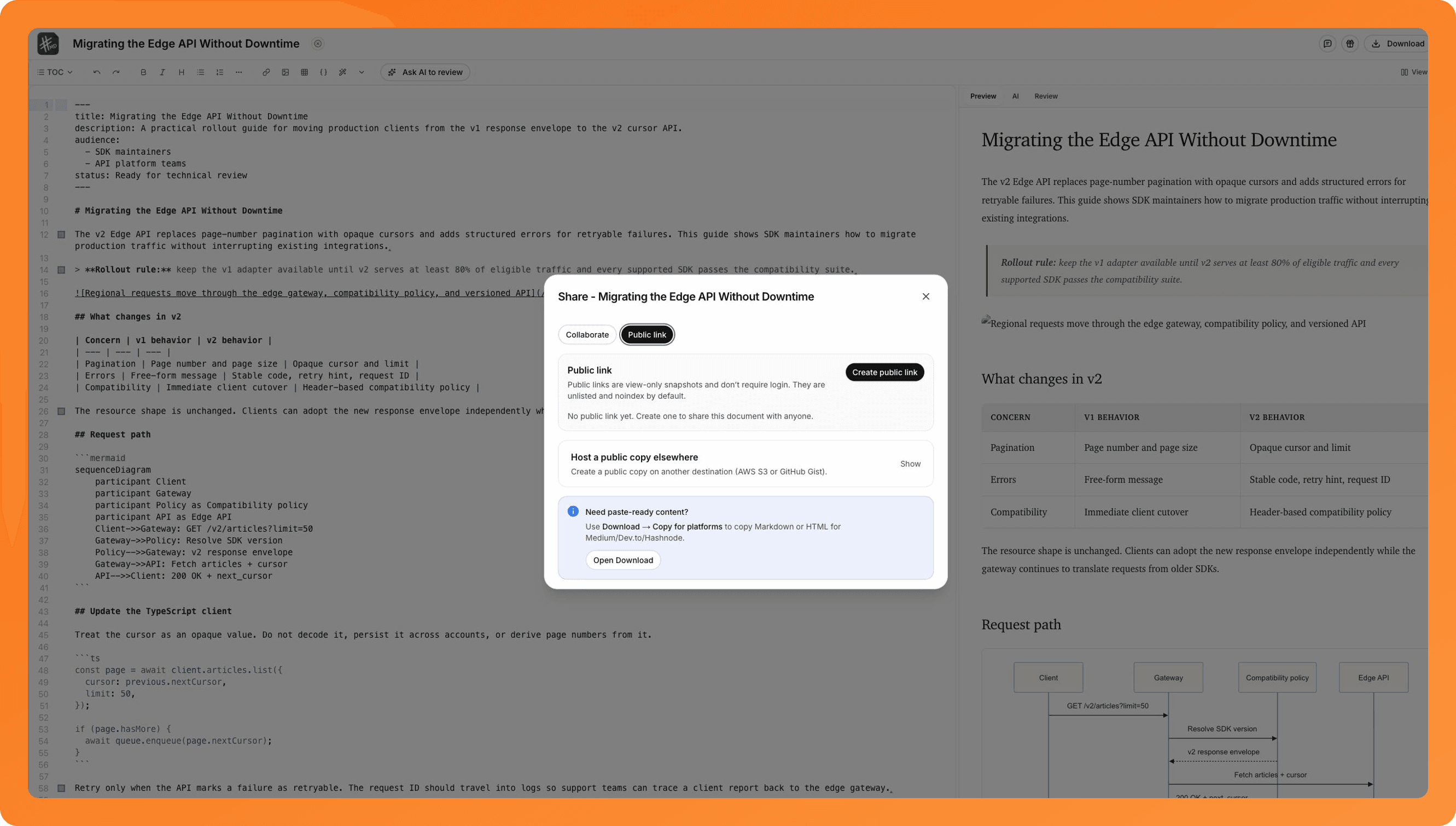 Public-link and hosted-copy sharing options for a technical migration guide