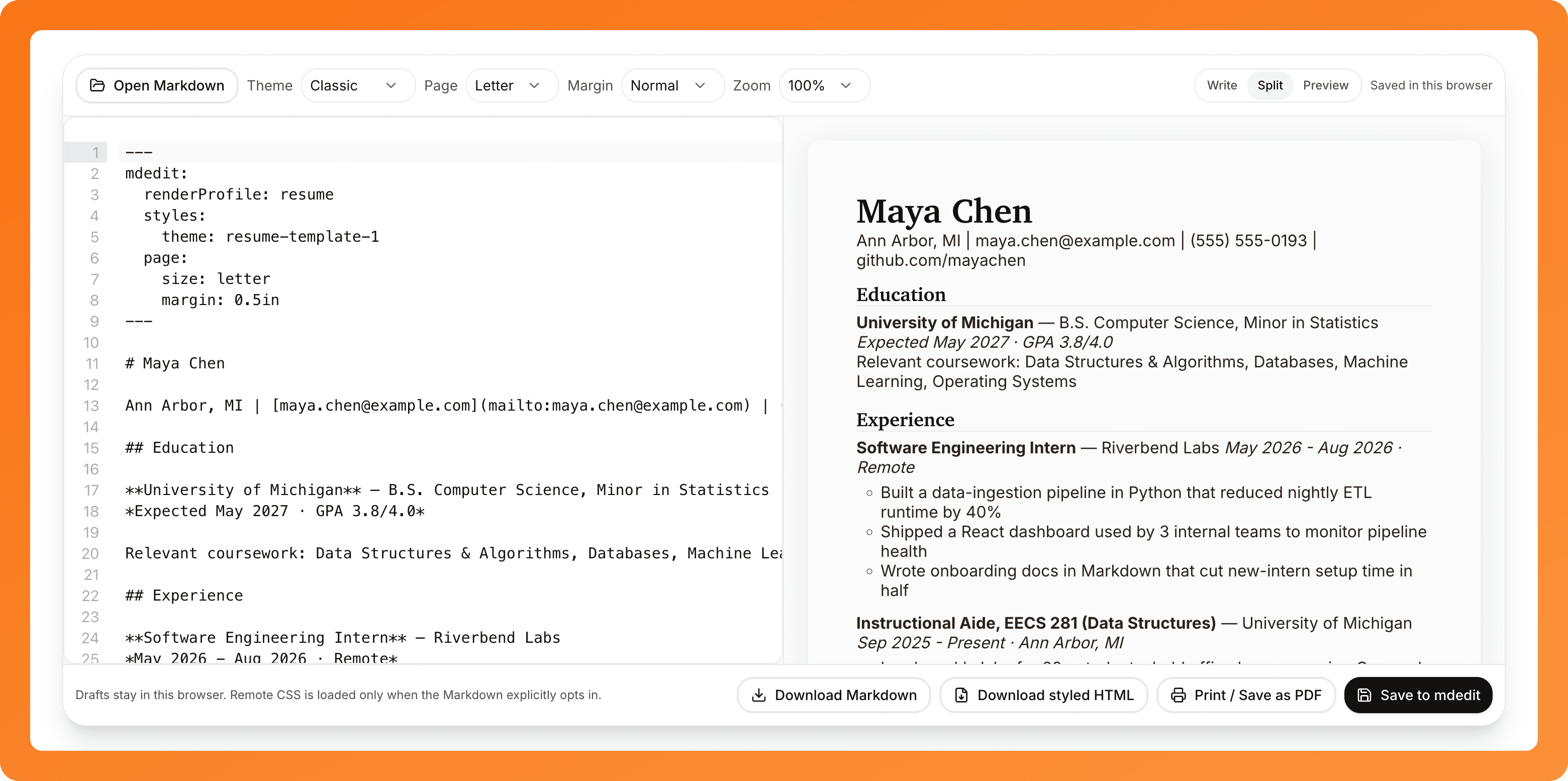 Markdown Resume Builder in split view: Markdown source beside the rendered print layout of a student resume