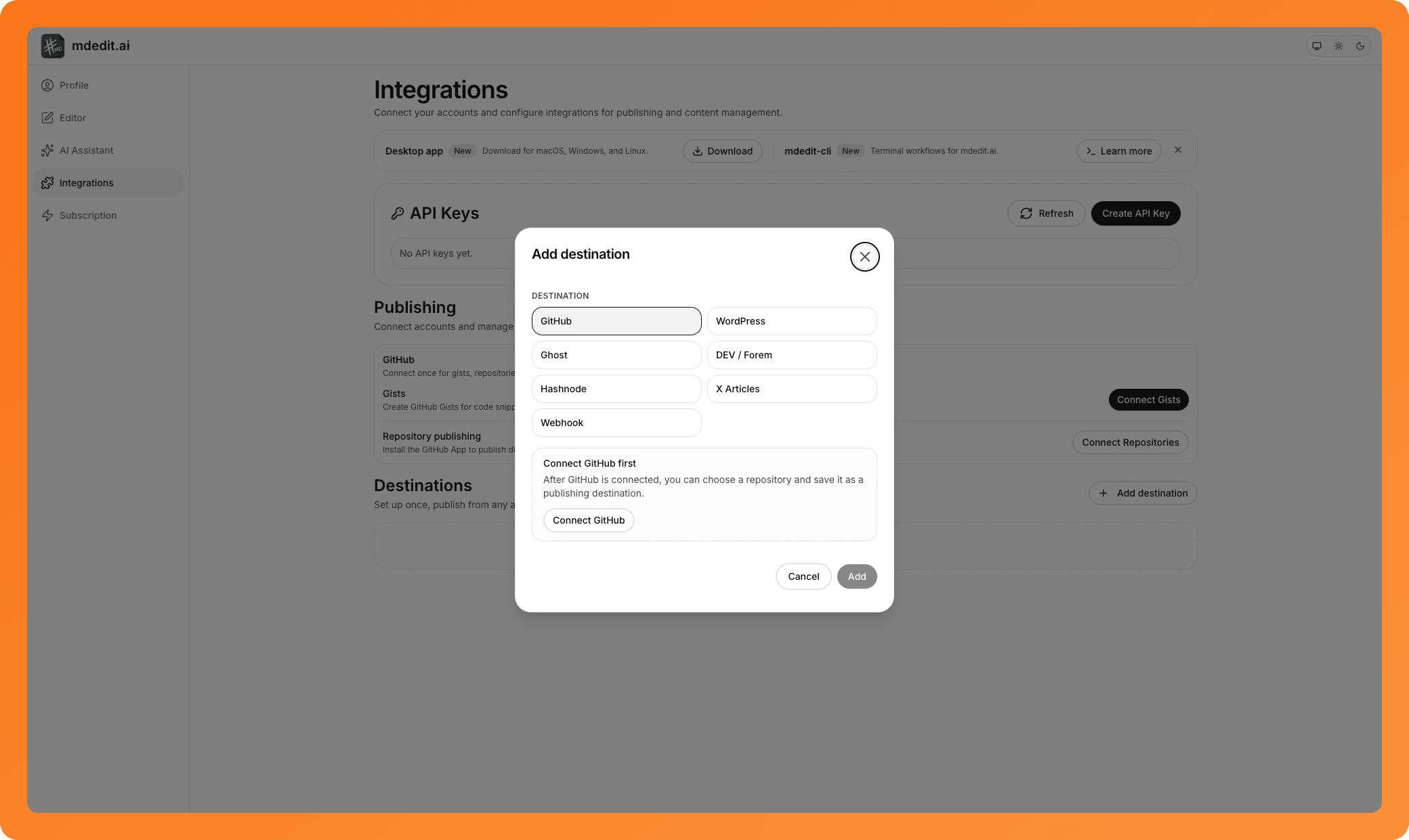 Connected publishing destination options for technical content