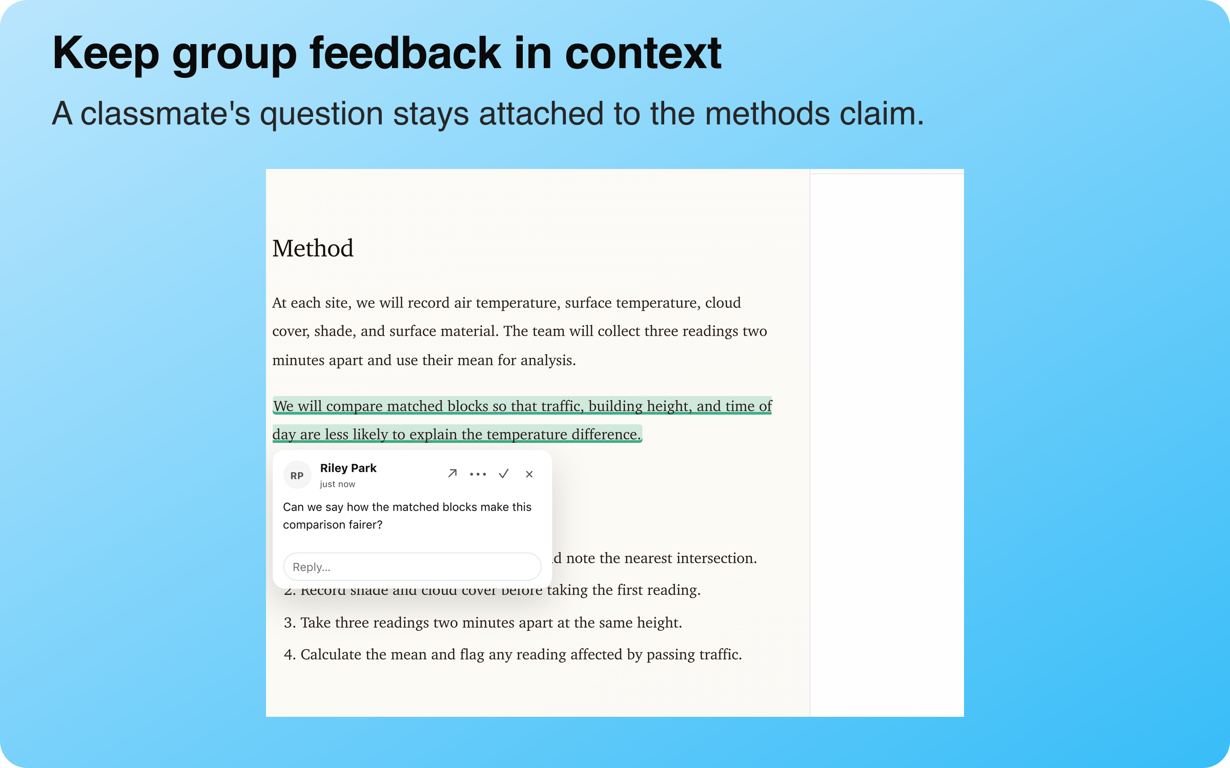 Riley Park’s classmate feedback attached to the highlighted matched-blocks claim in the field study methods