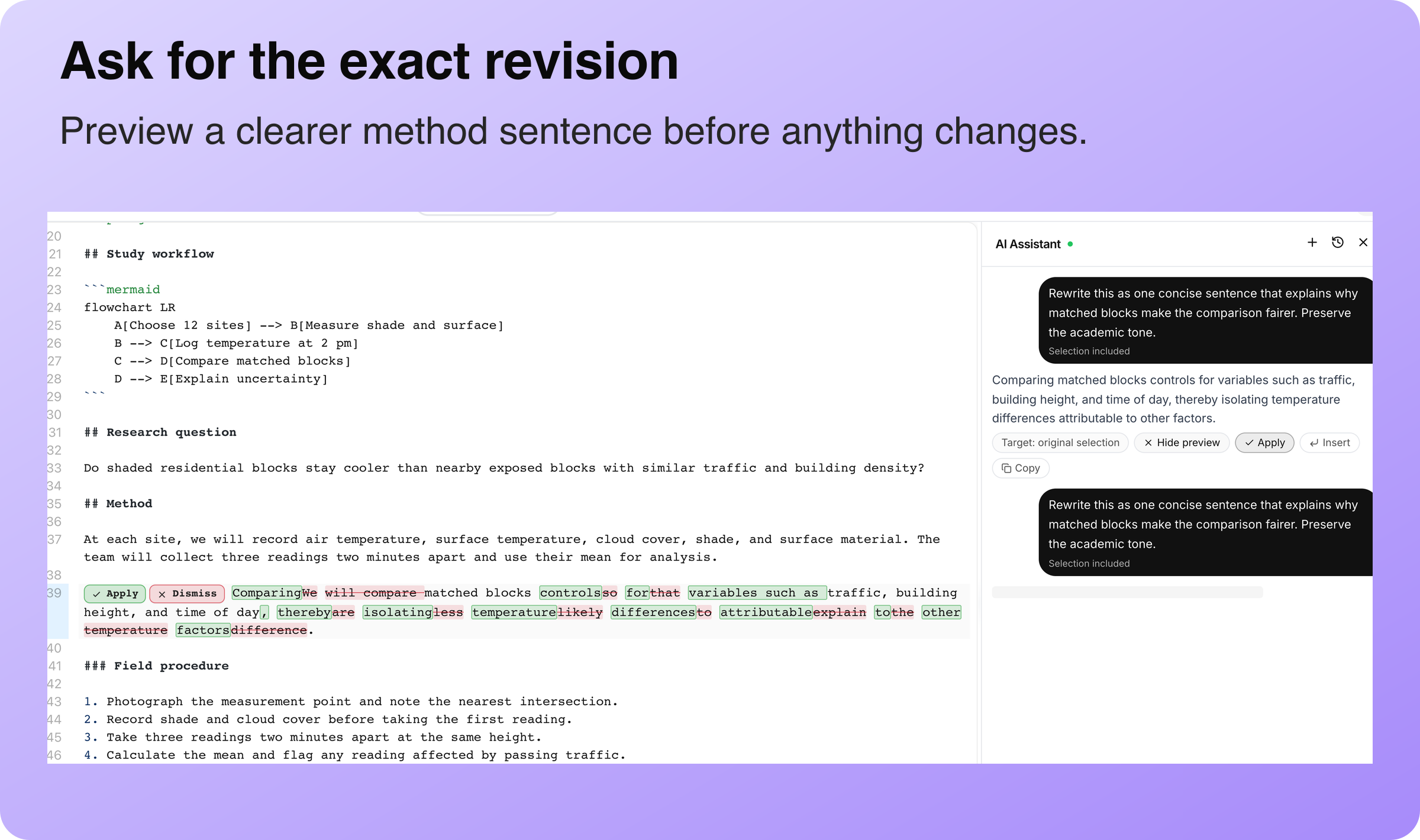 AI revision of the field study methods sentence shown as an unapplied inline diff beside the student’s request