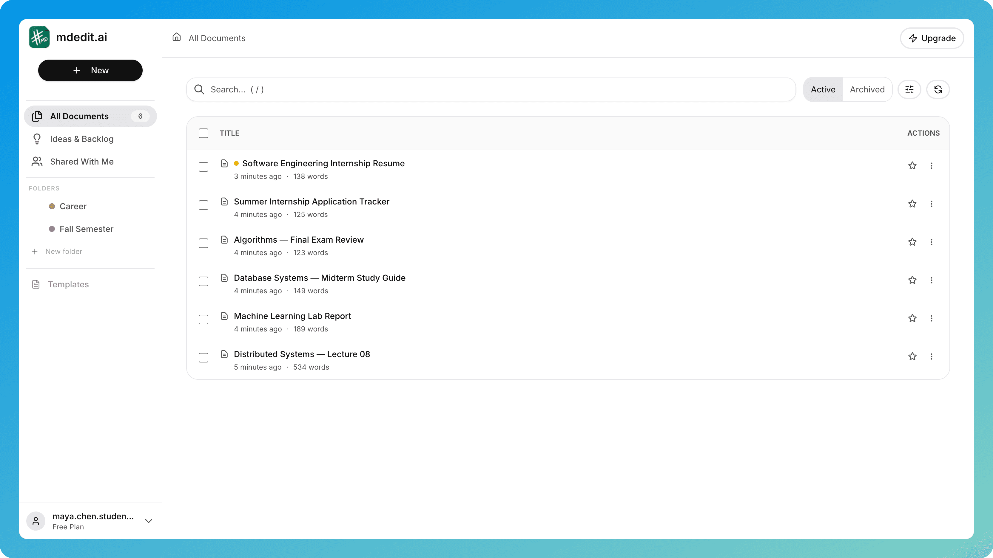 Maya Chen’s mdedit.ai dashboard with six course, exam, and internship documents plus Career and Fall Semester folders