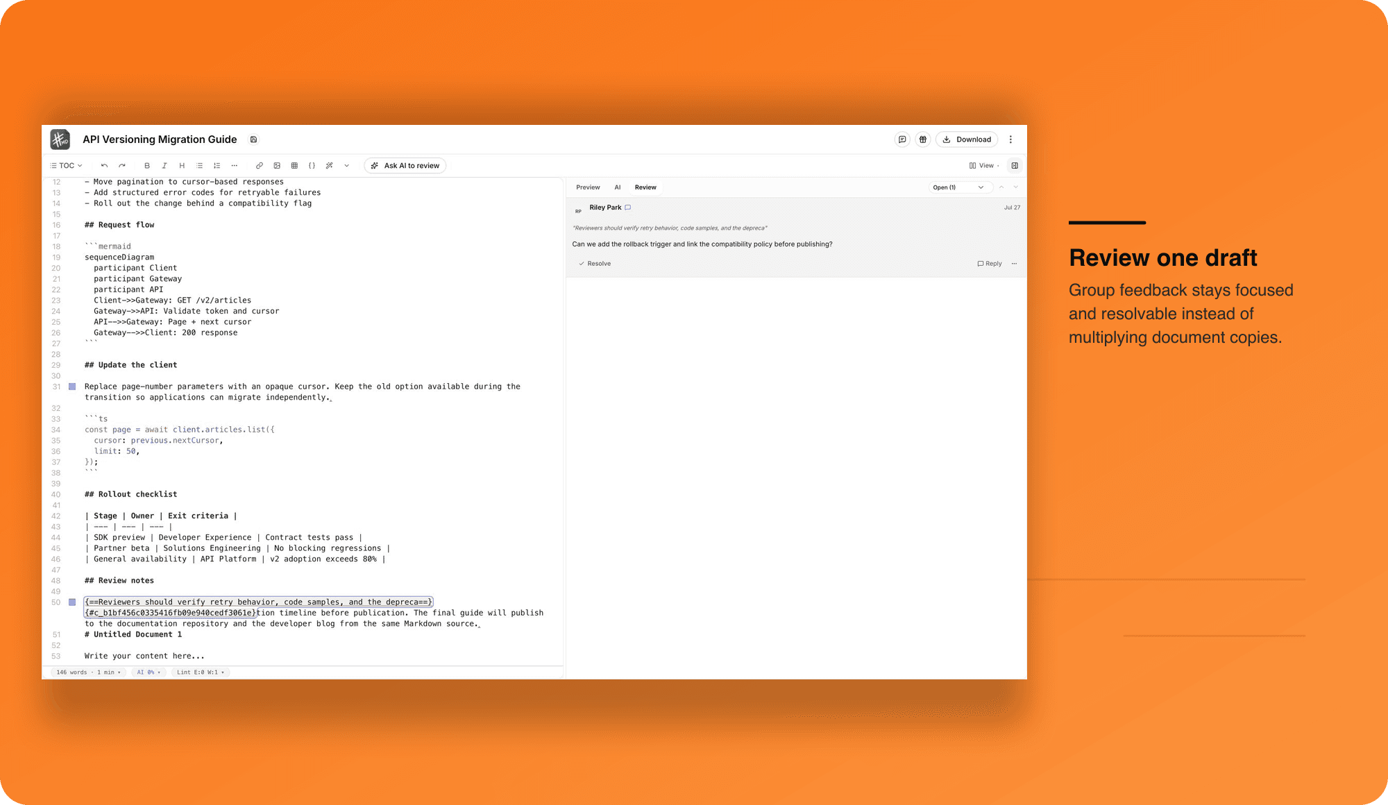 Focused group review thread beside a shared Markdown draft and an editorial callout