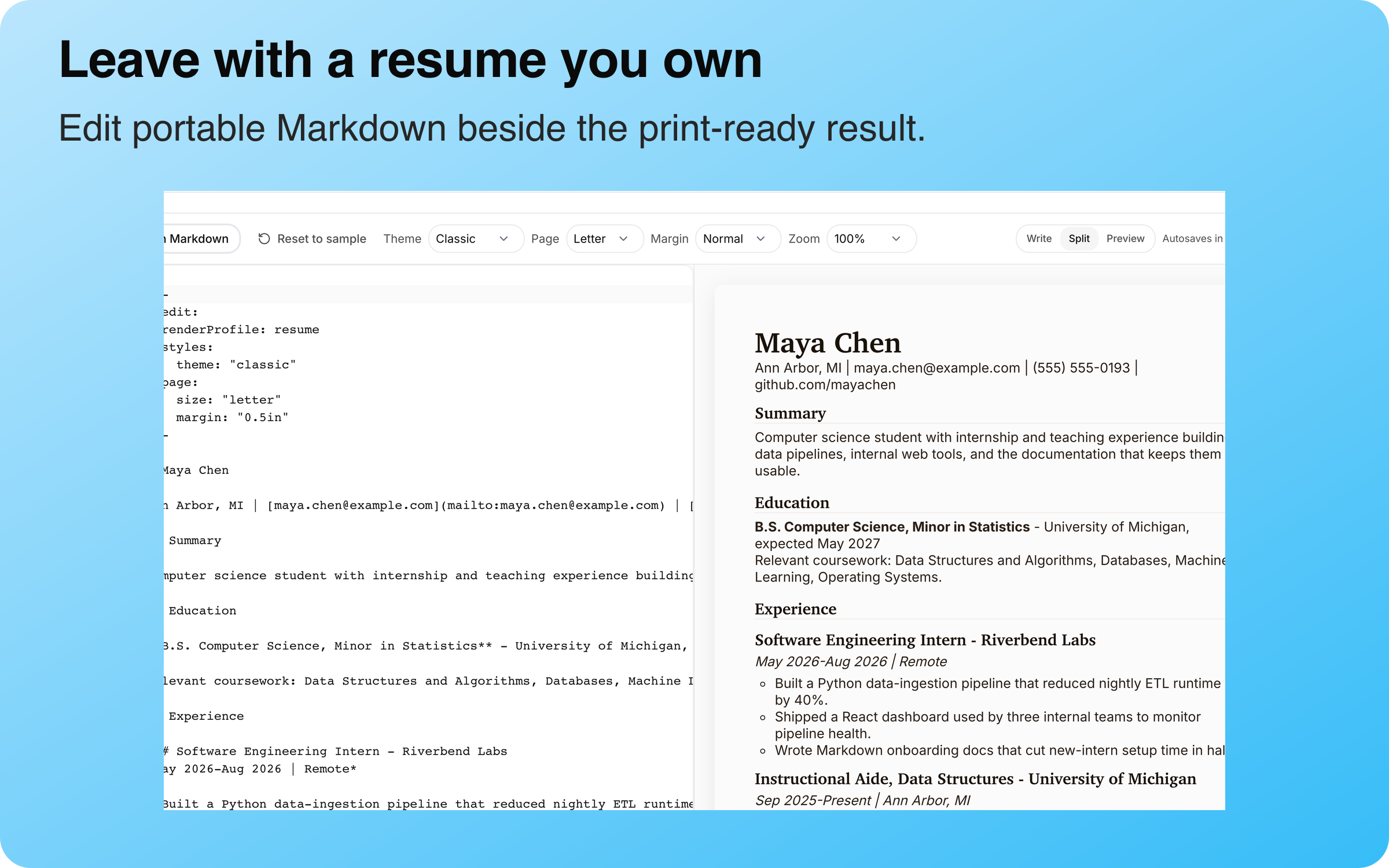 Maya Chen’s student resume in the Markdown Resume Builder, with editable source beside the print-ready preview