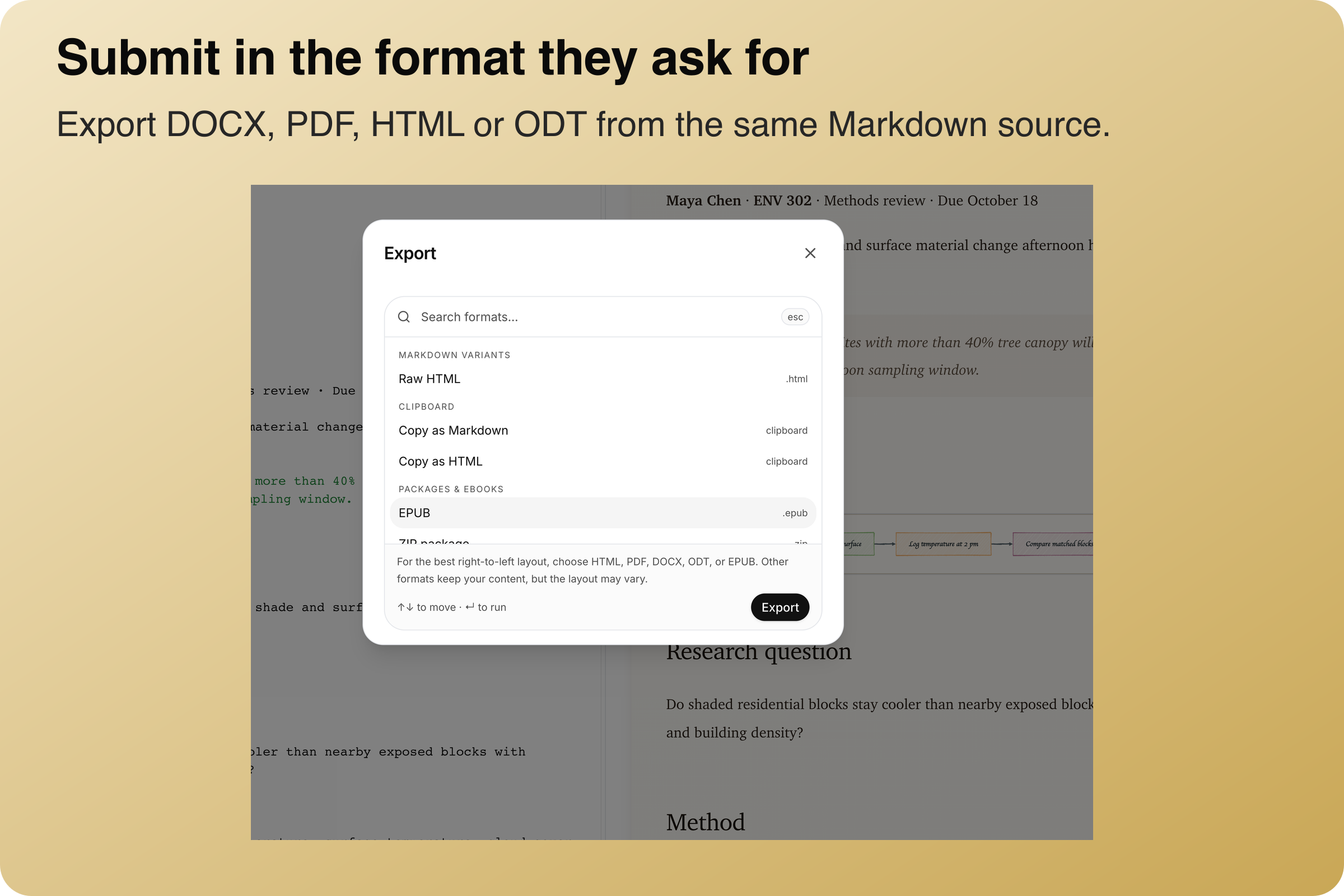 Export palette over the field study draft with an explanation of DOCX, PDF, HTML, and ODT submission formats