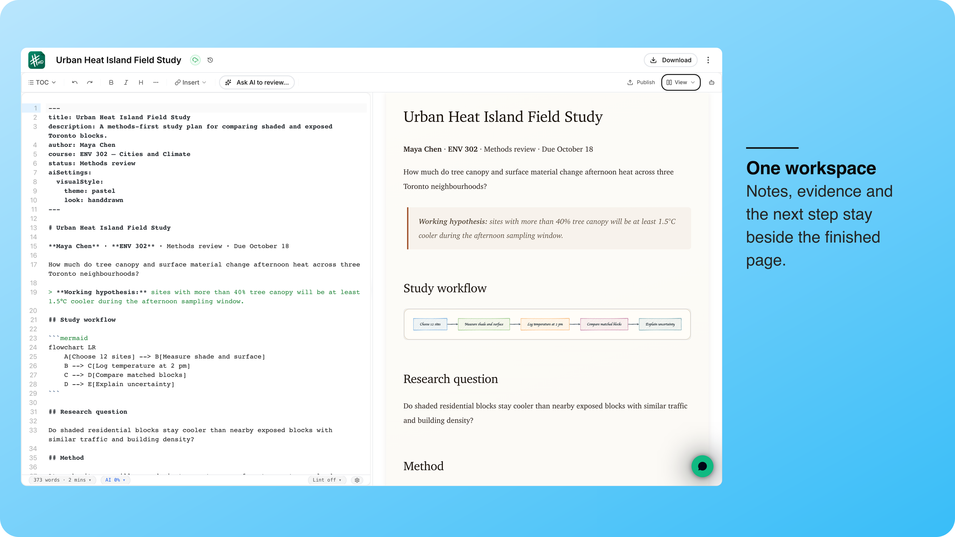 Urban Heat Island Field Study workspace with Markdown source beside the rendered assignment and pastel hand-drawn study workflow
