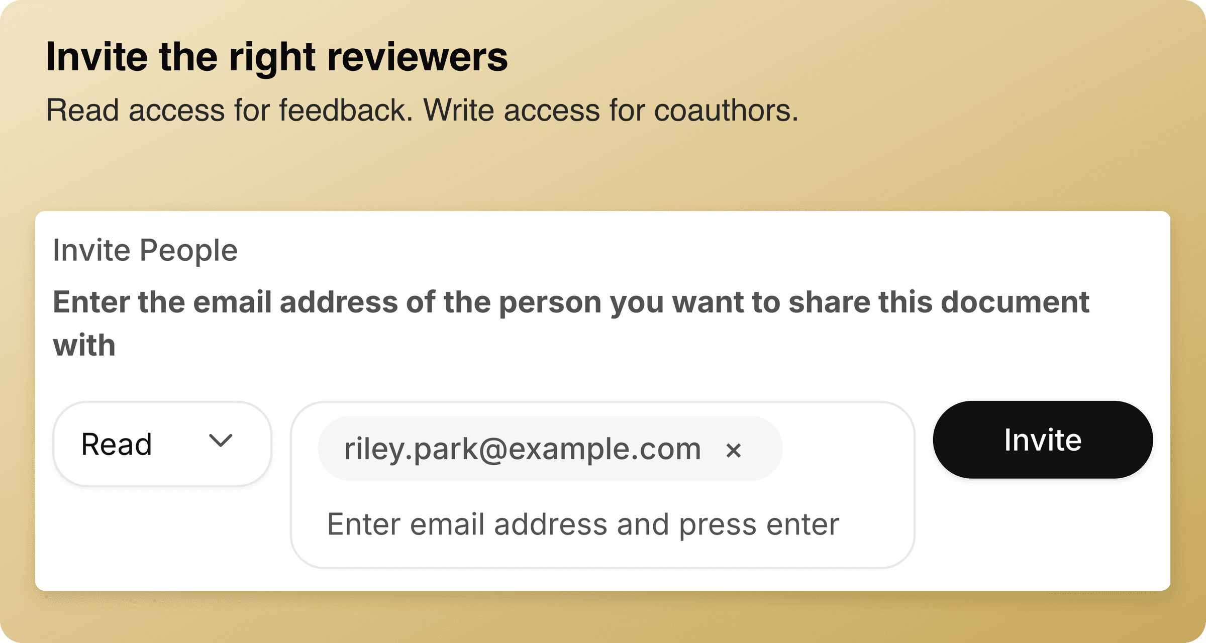 A prepared invitation for a fictional reviewer with Read access to the working document