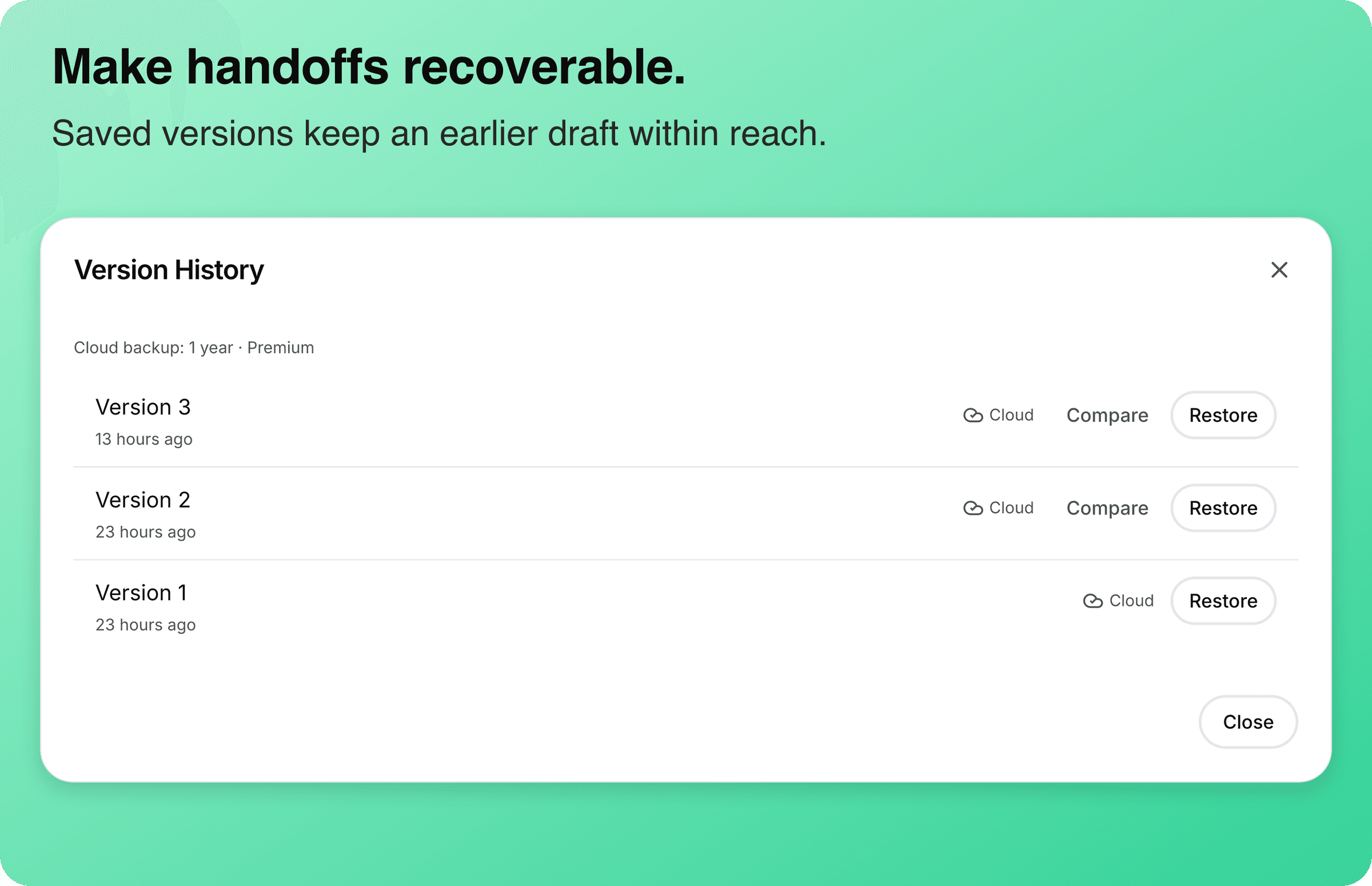 Cloud versions of the shared technical guide with Compare and Restore actions