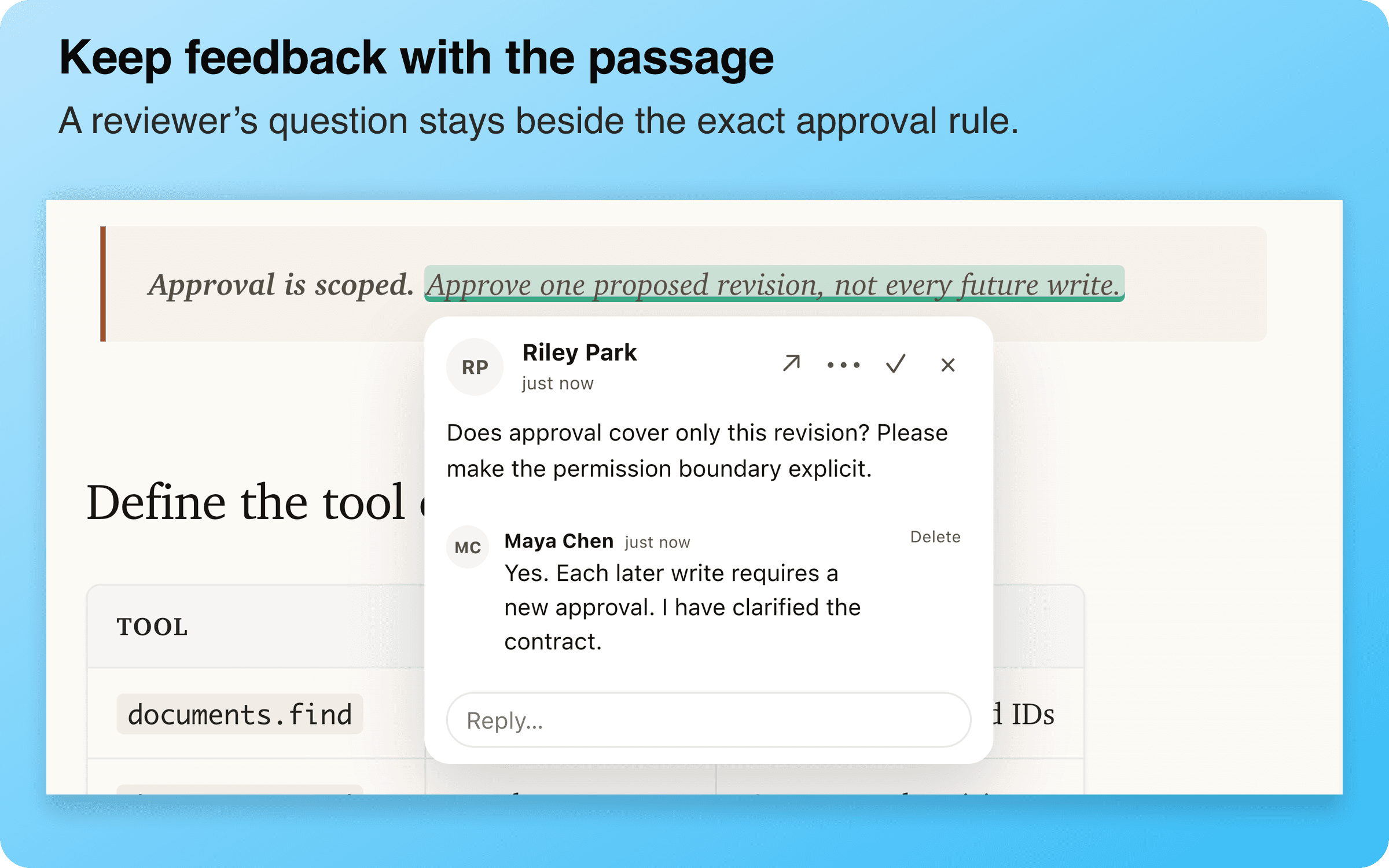 Riley Park questions a highlighted approval rule and Maya Chen replies in the same comment thread