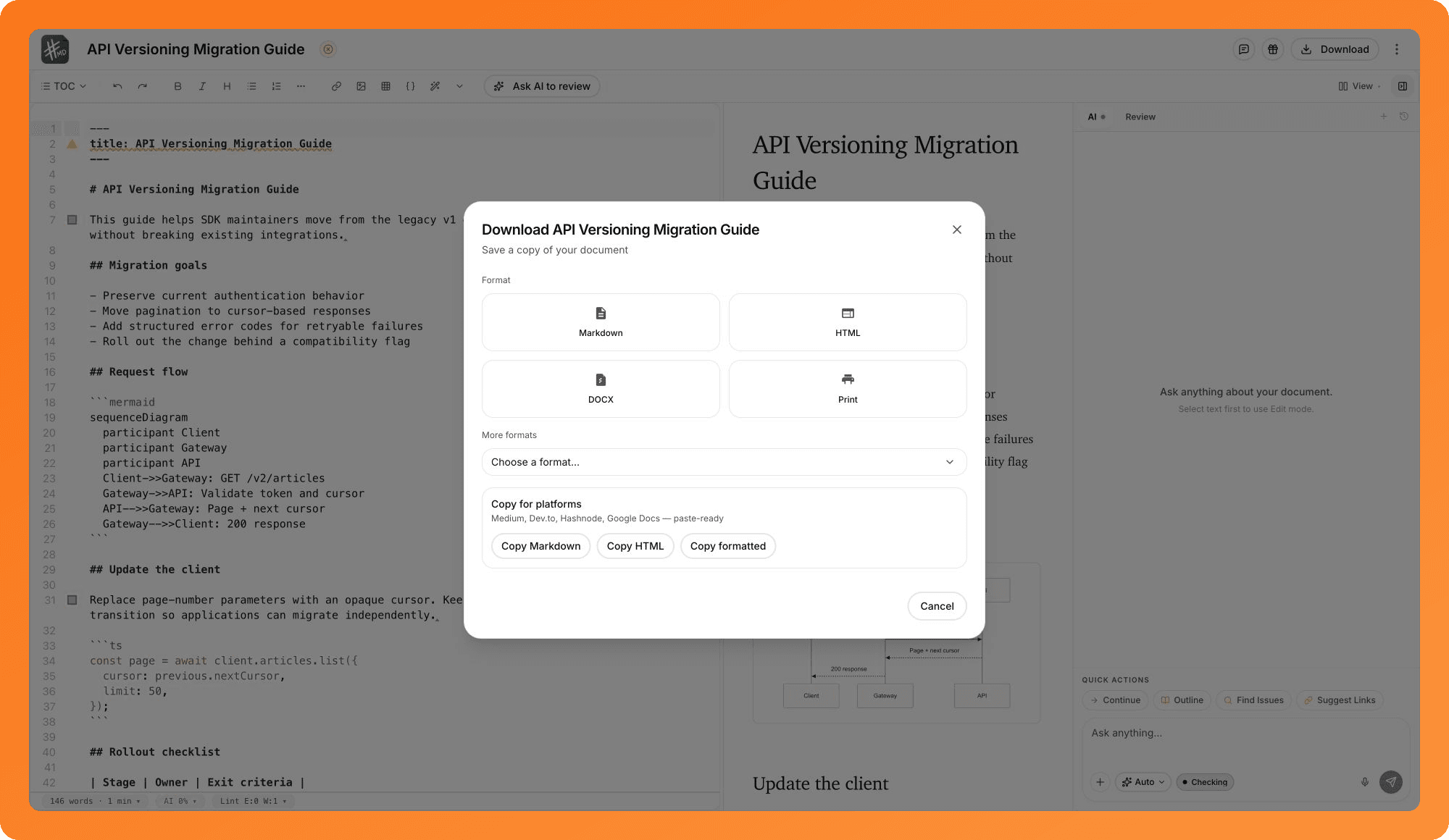 Export choices for Markdown, HTML, DocX, print, and additional submission formats