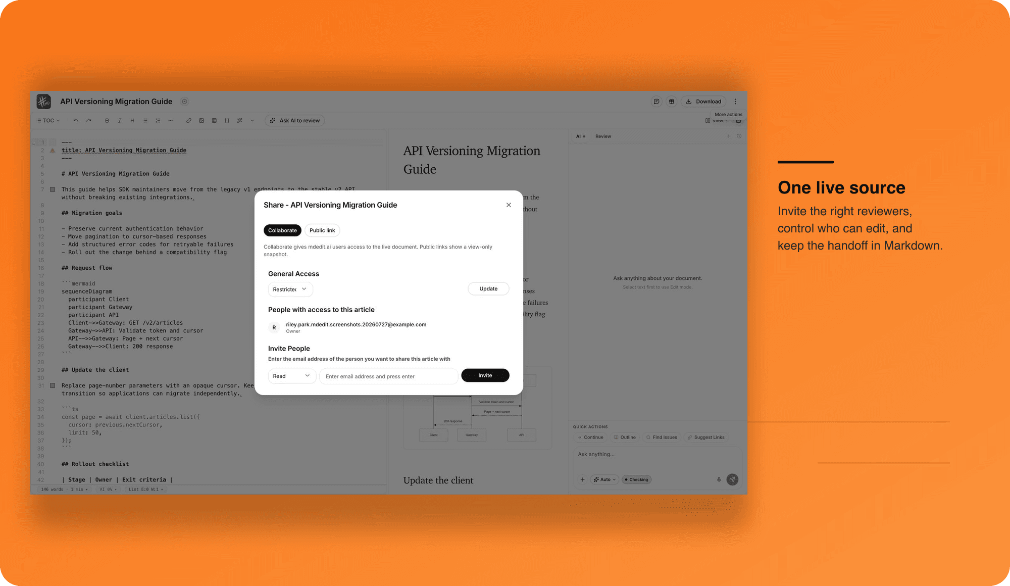 Live document collaboration permissions with an editorial callout about keeping one Markdown source