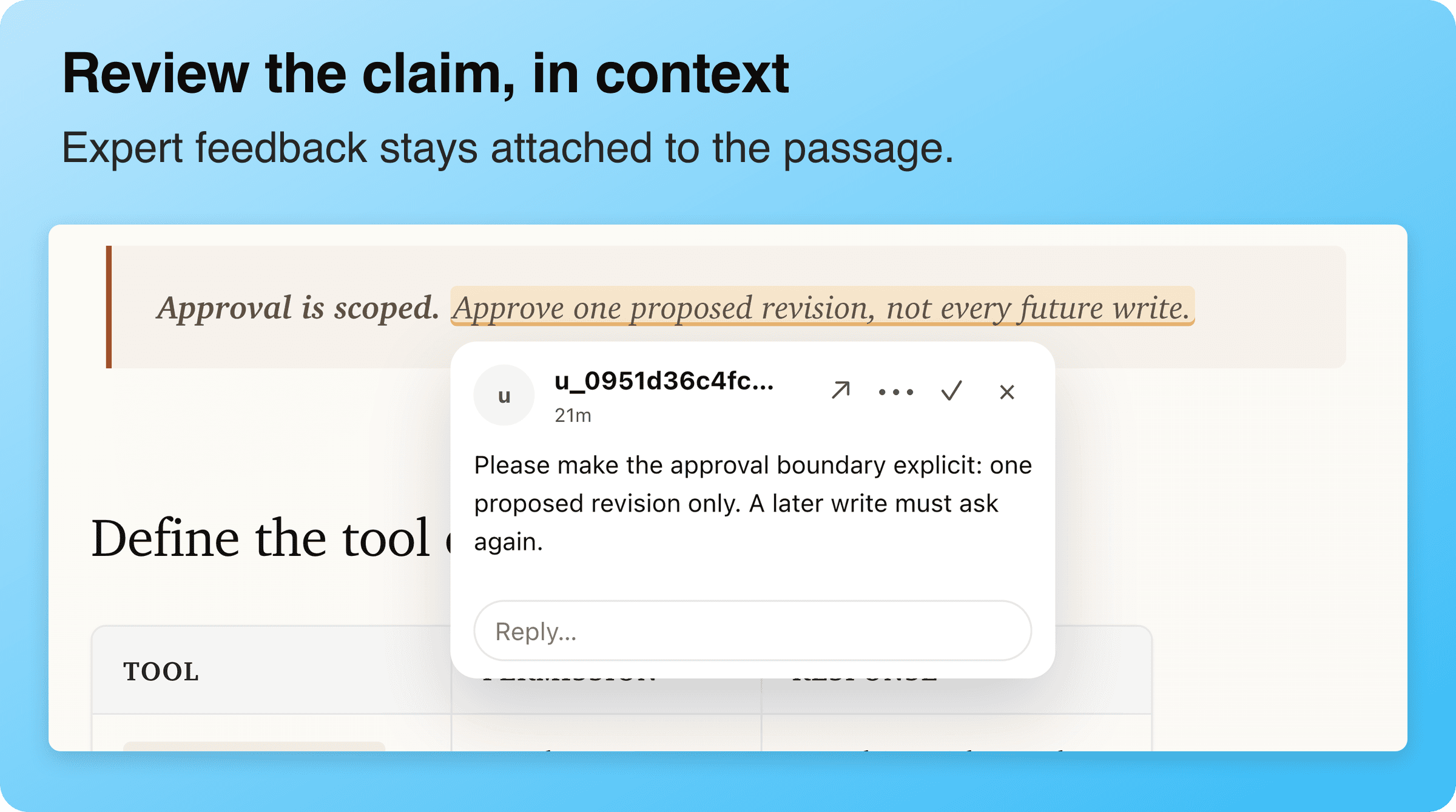 Reviewer comment attached to the highlighted approval-boundary claim in the technical guide