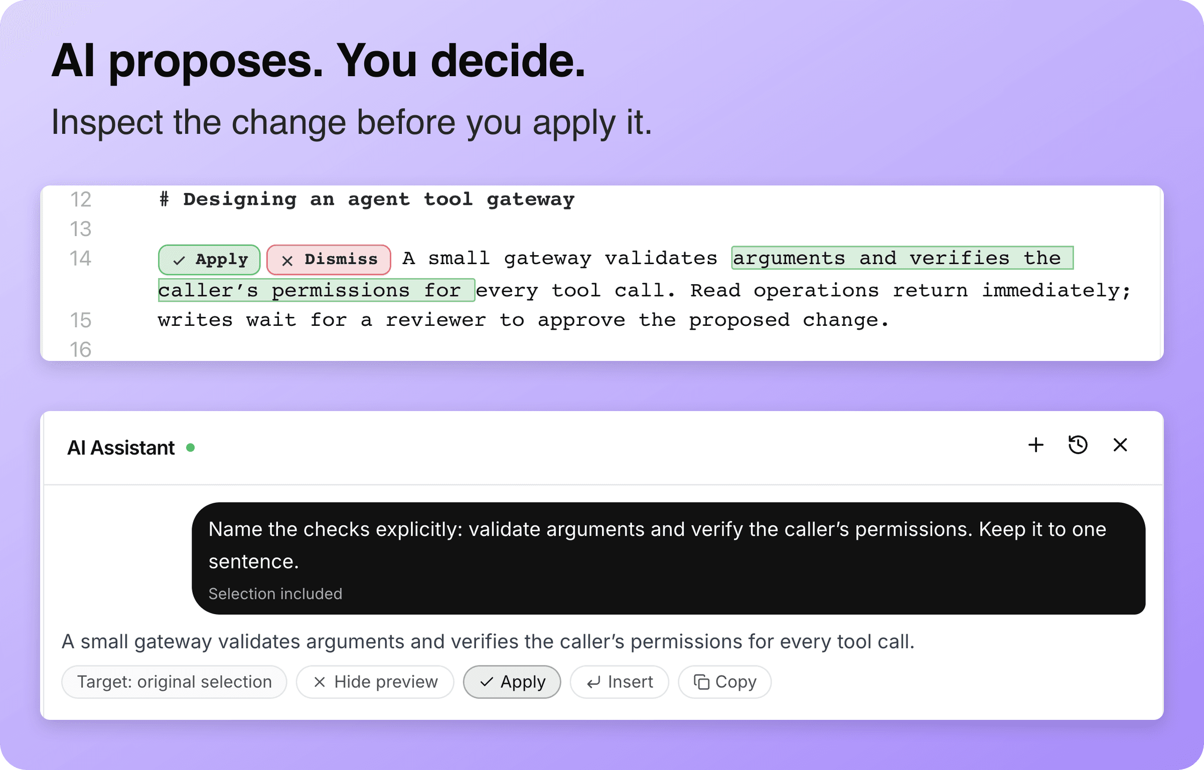 Proposed AI revision with an inline diff and an explicit Apply action