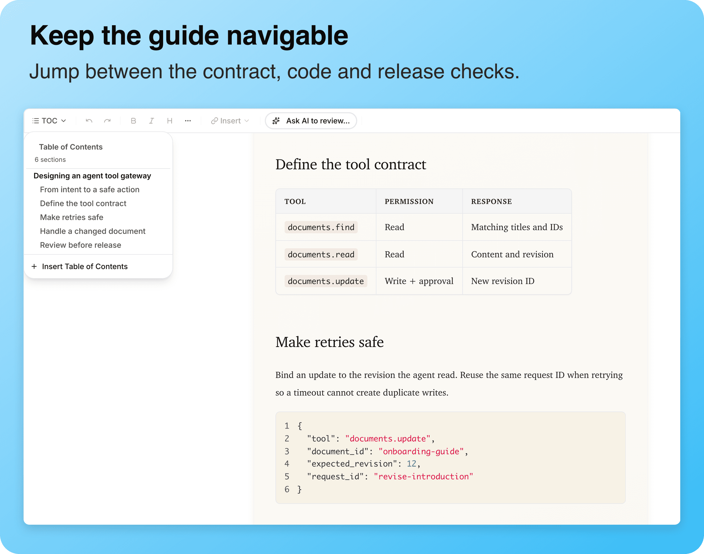 Table of contents beside a tool-gateway guide with a structured tool contract and retry code