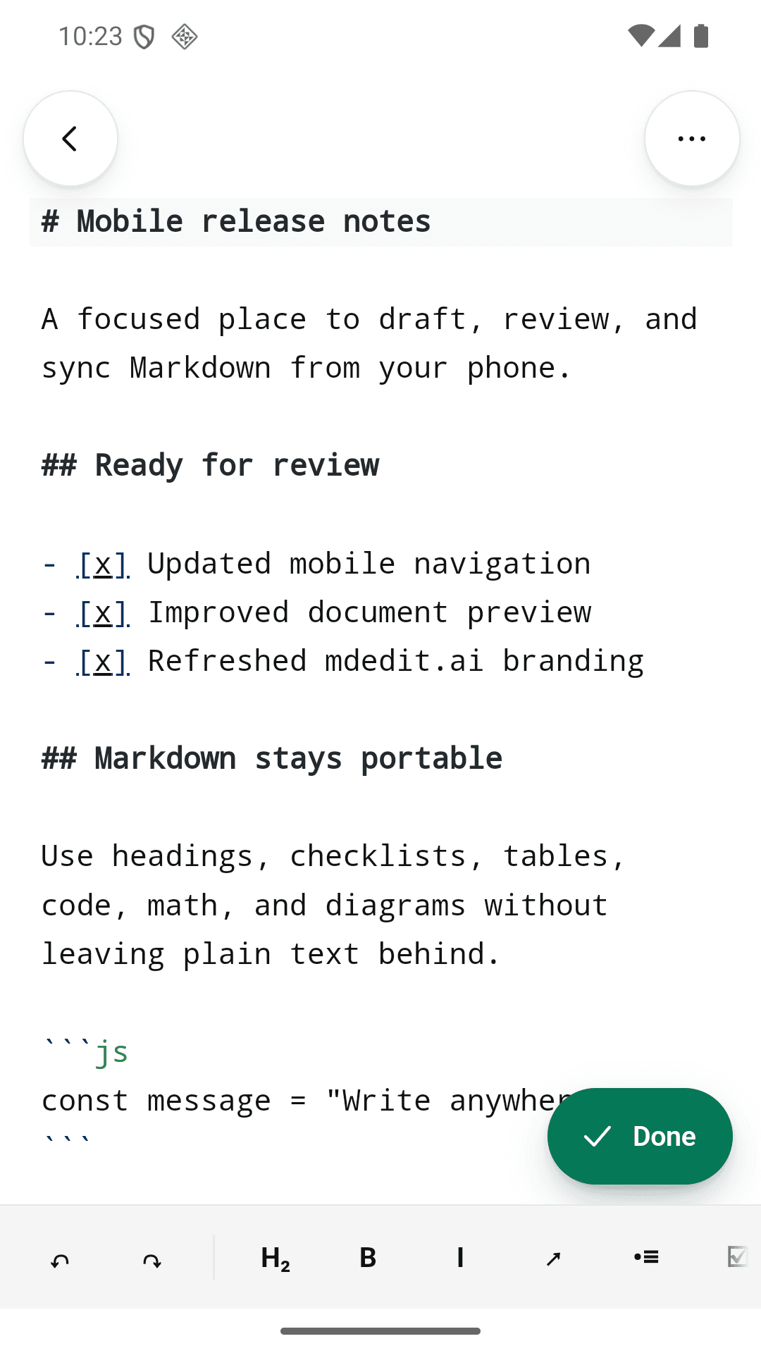 mdedit.ai for Android editing a Markdown document with the formatting toolbar