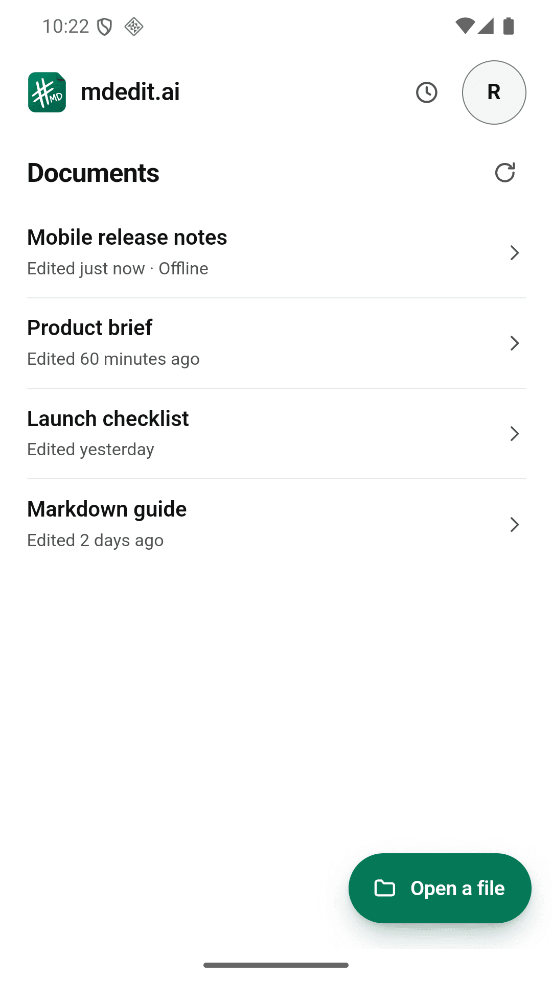 mdedit.ai for Android showing a workspace document list