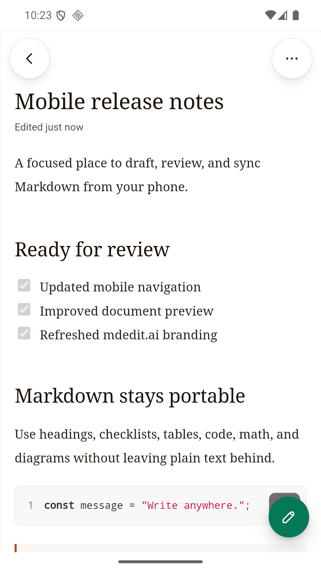 mdedit.ai for Android showing a rendered Markdown preview