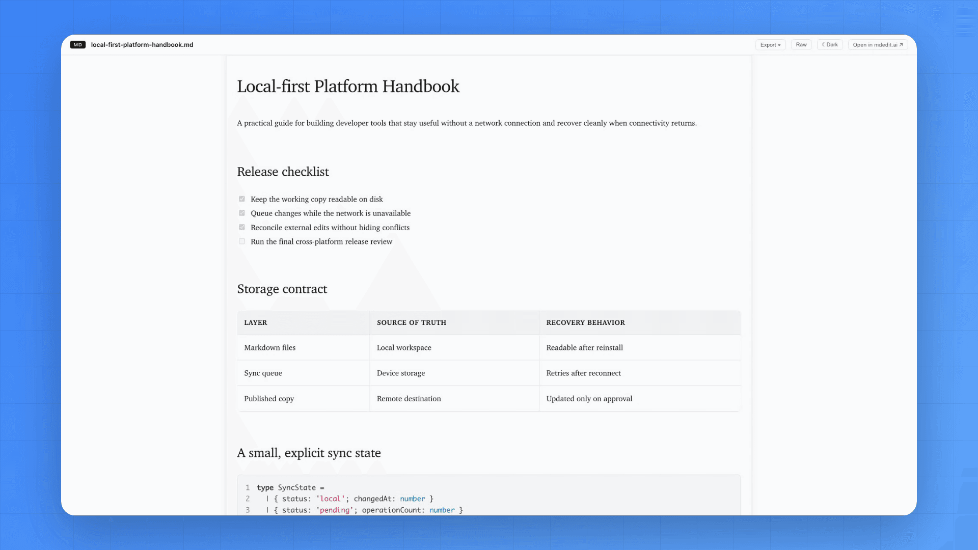 Browser extension switching a rendered Markdown file between light and dark reading modes