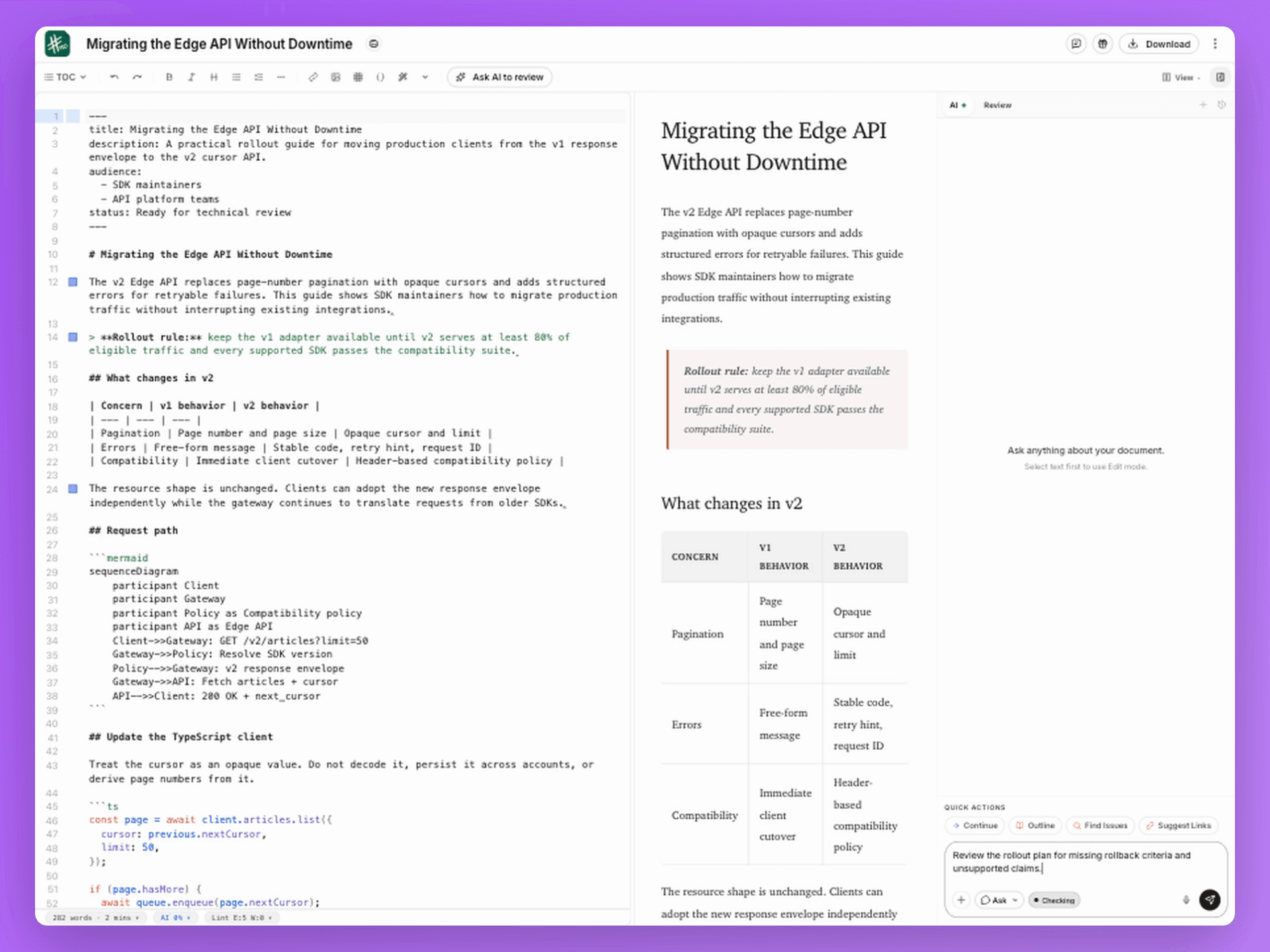Composing a context-aware review request with the technical draft visible