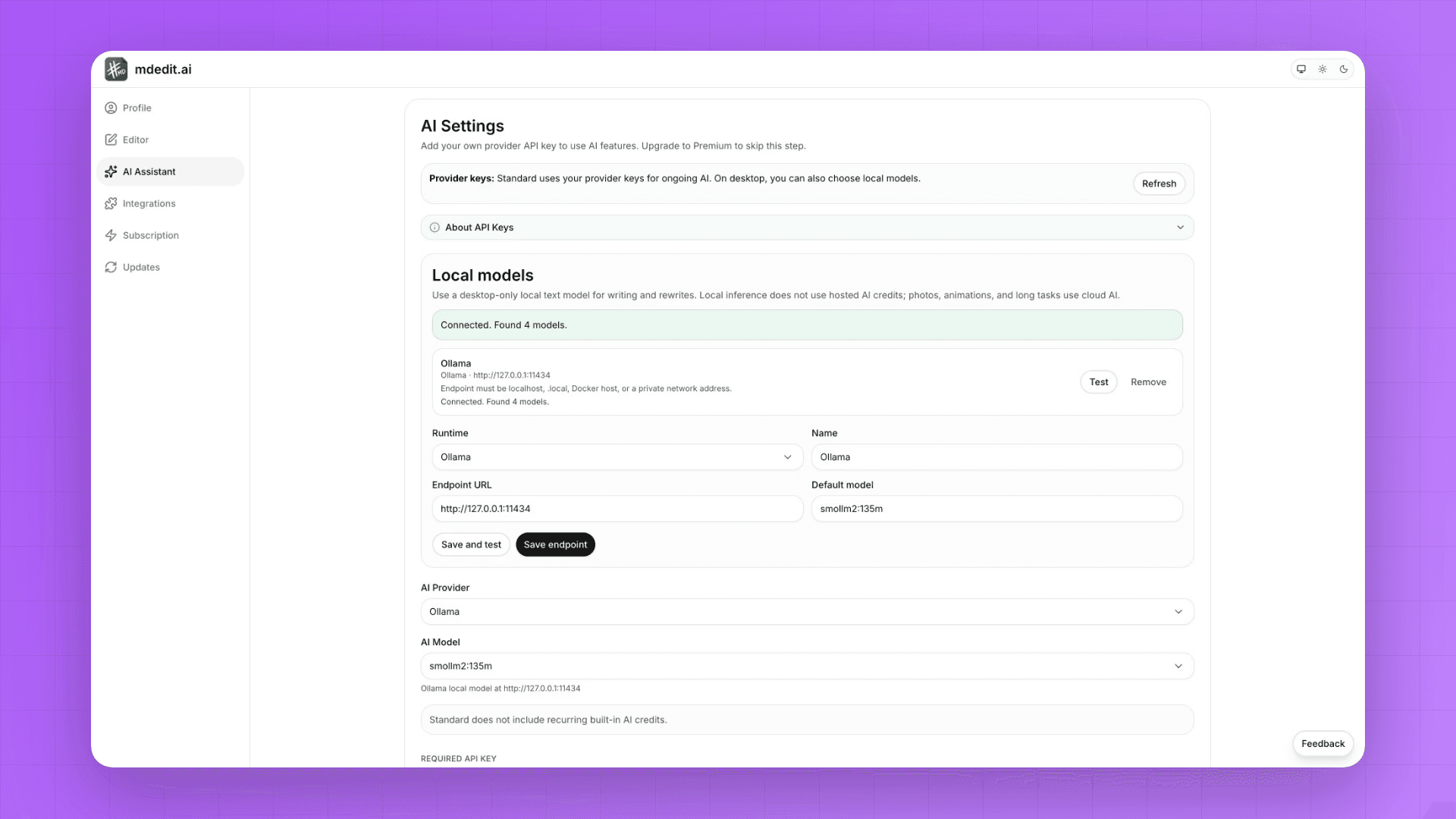 mdedit.ai desktop connecting to a local Ollama model