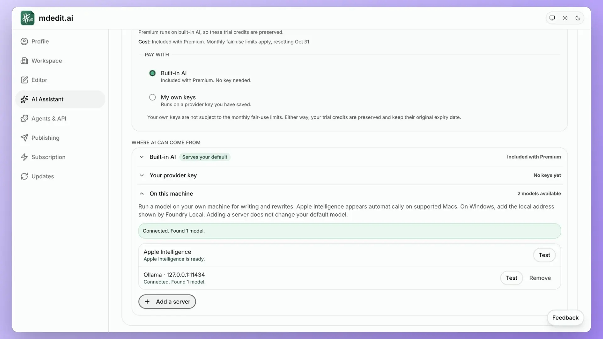 mdedit.ai desktop connecting to a local Ollama model
