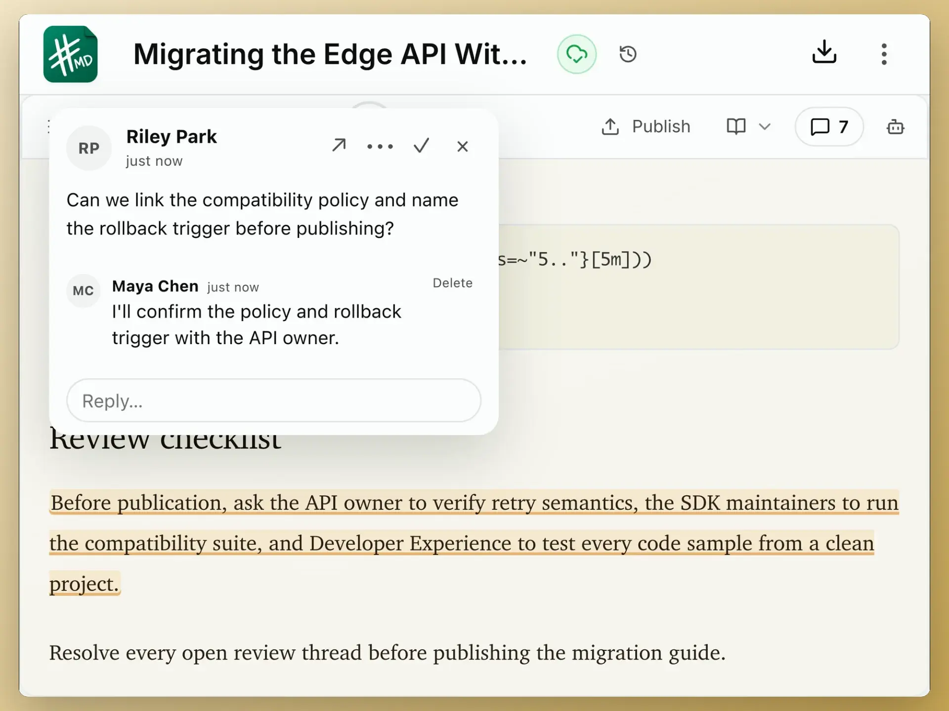 Technical review workflow with suggestions and focused feedback