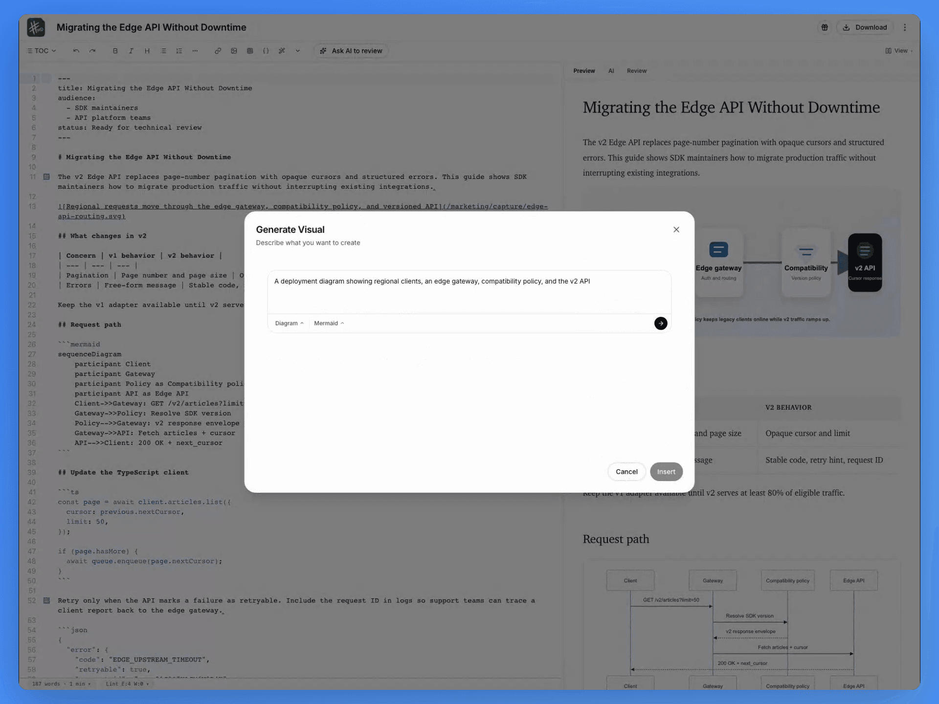 Describing a technical visual and choosing the appropriate output