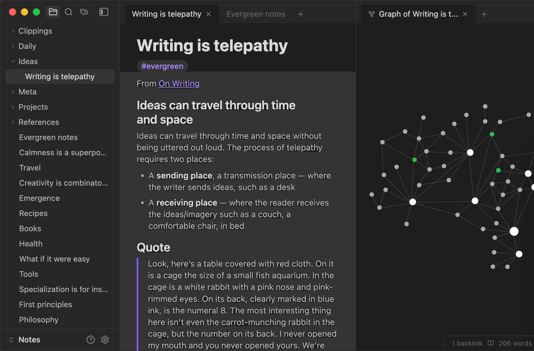 The Obsidian app in its dark theme, showing a note open in the editor beside the graph view of linked notes.