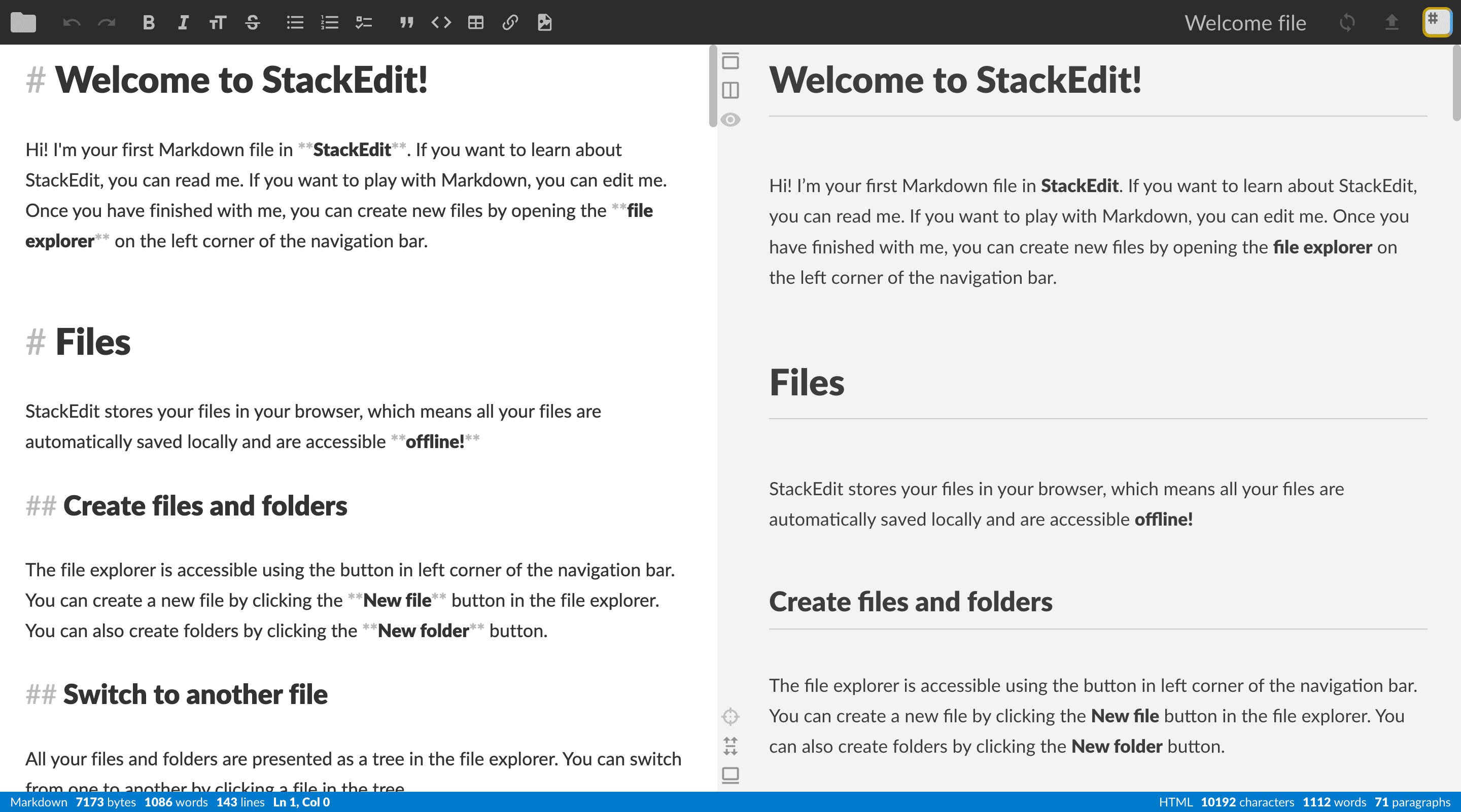 The StackEdit browser editor in split view, with the Welcome document’s Markdown source on the left and its rendered preview on the right.