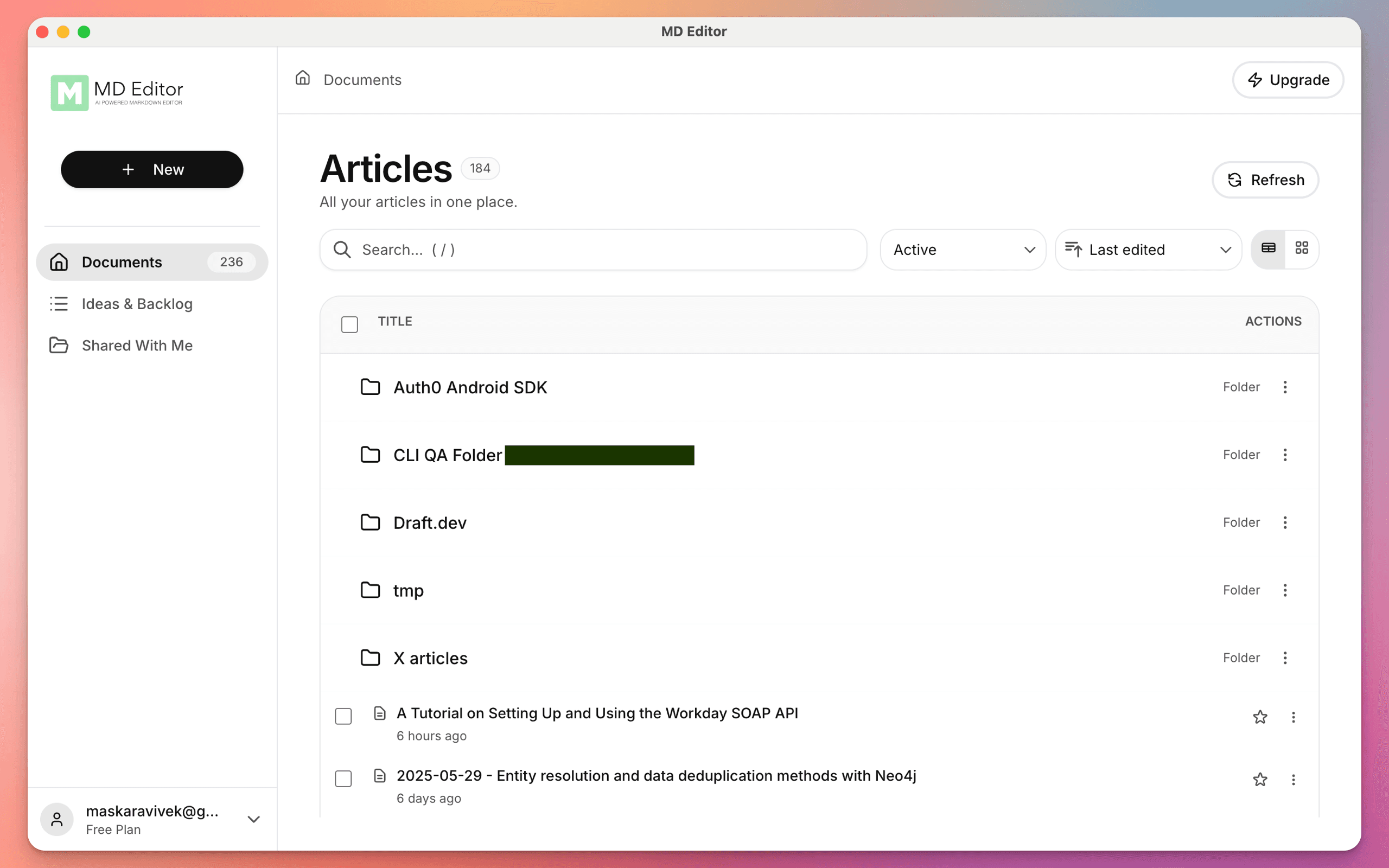 MD Editor desktop app dashboard view