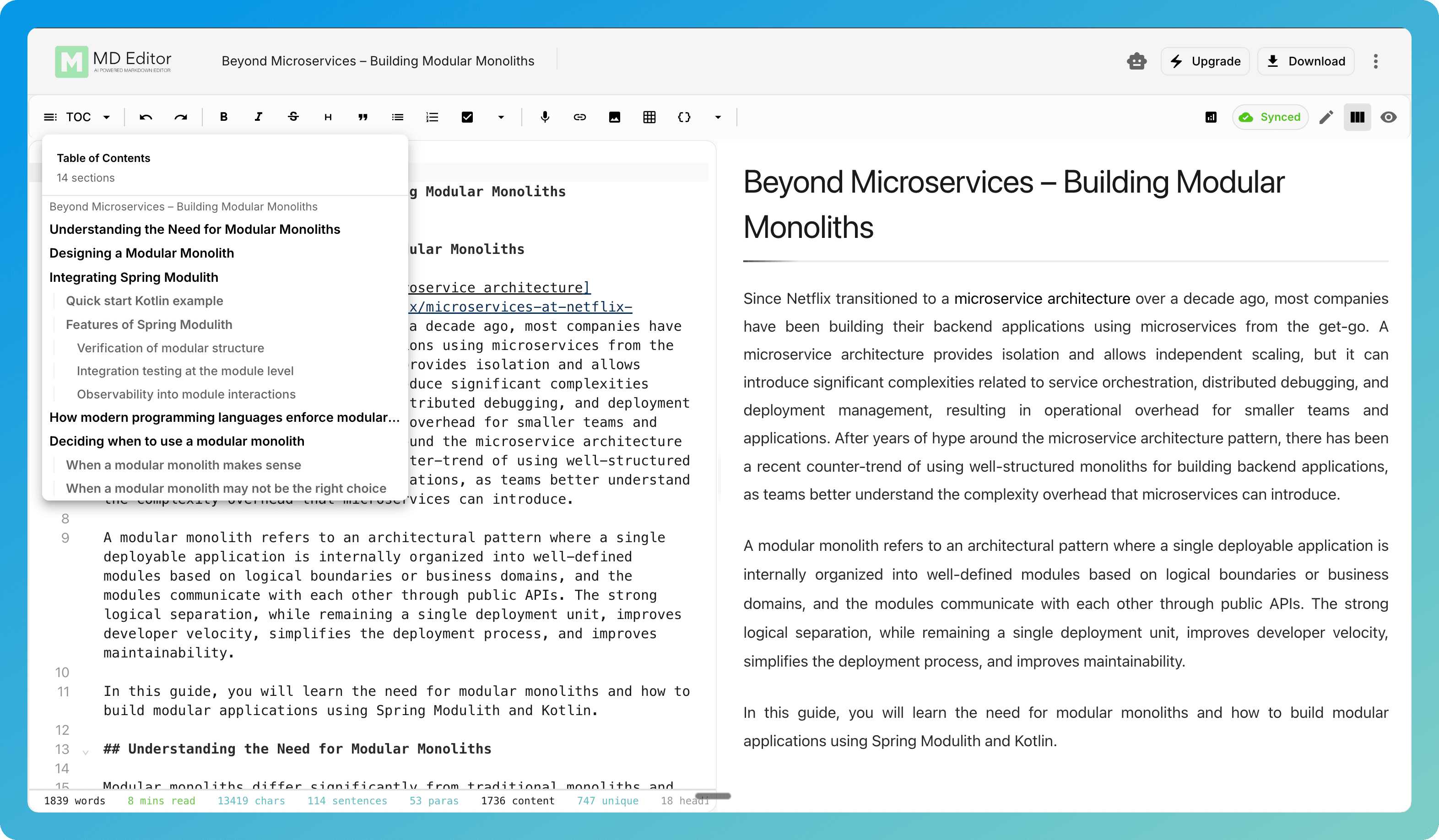 Auto-generated table of contents beside a long Markdown document
