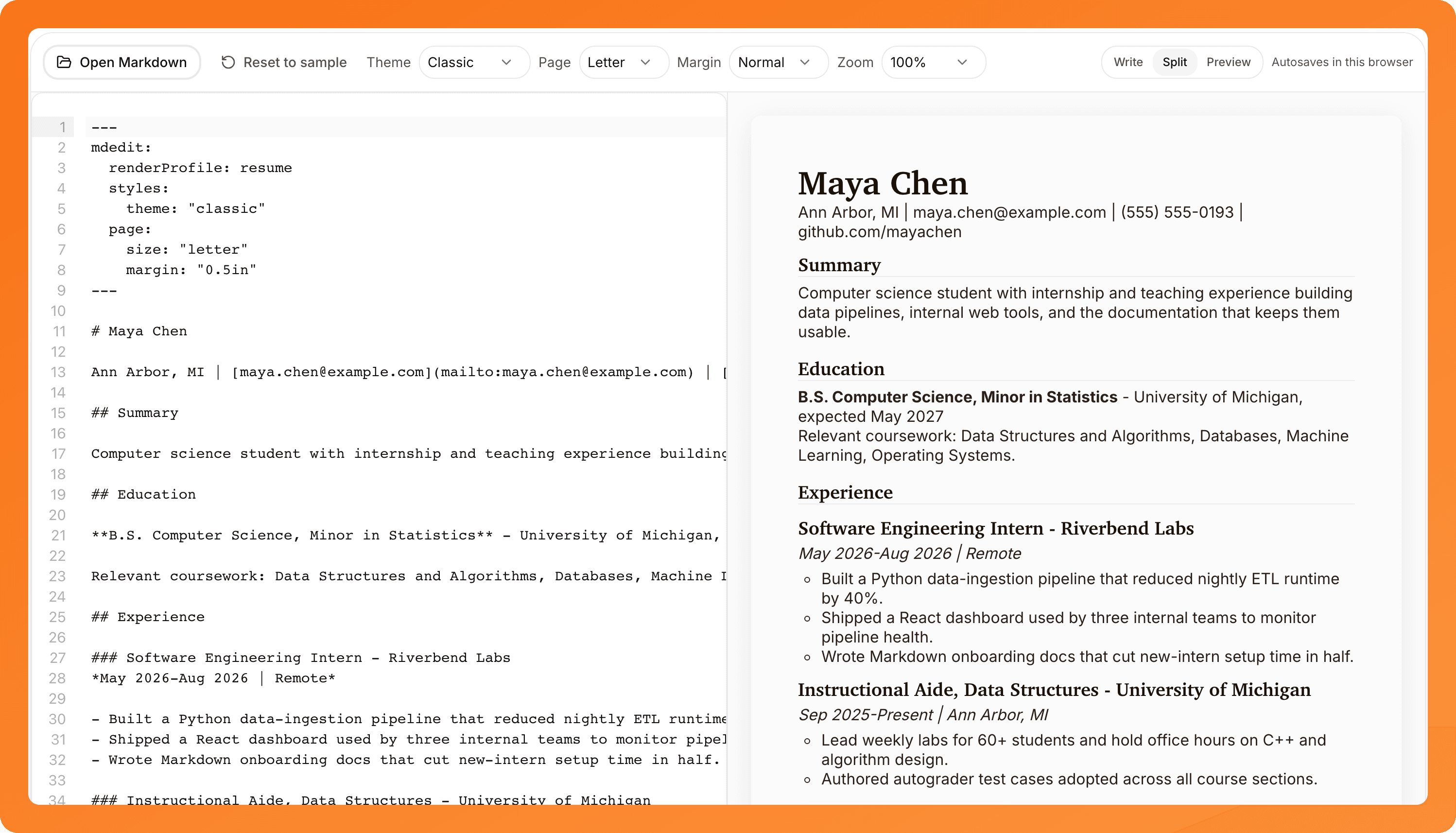 Markdown Resume Builder: portable source, print-ready layouts