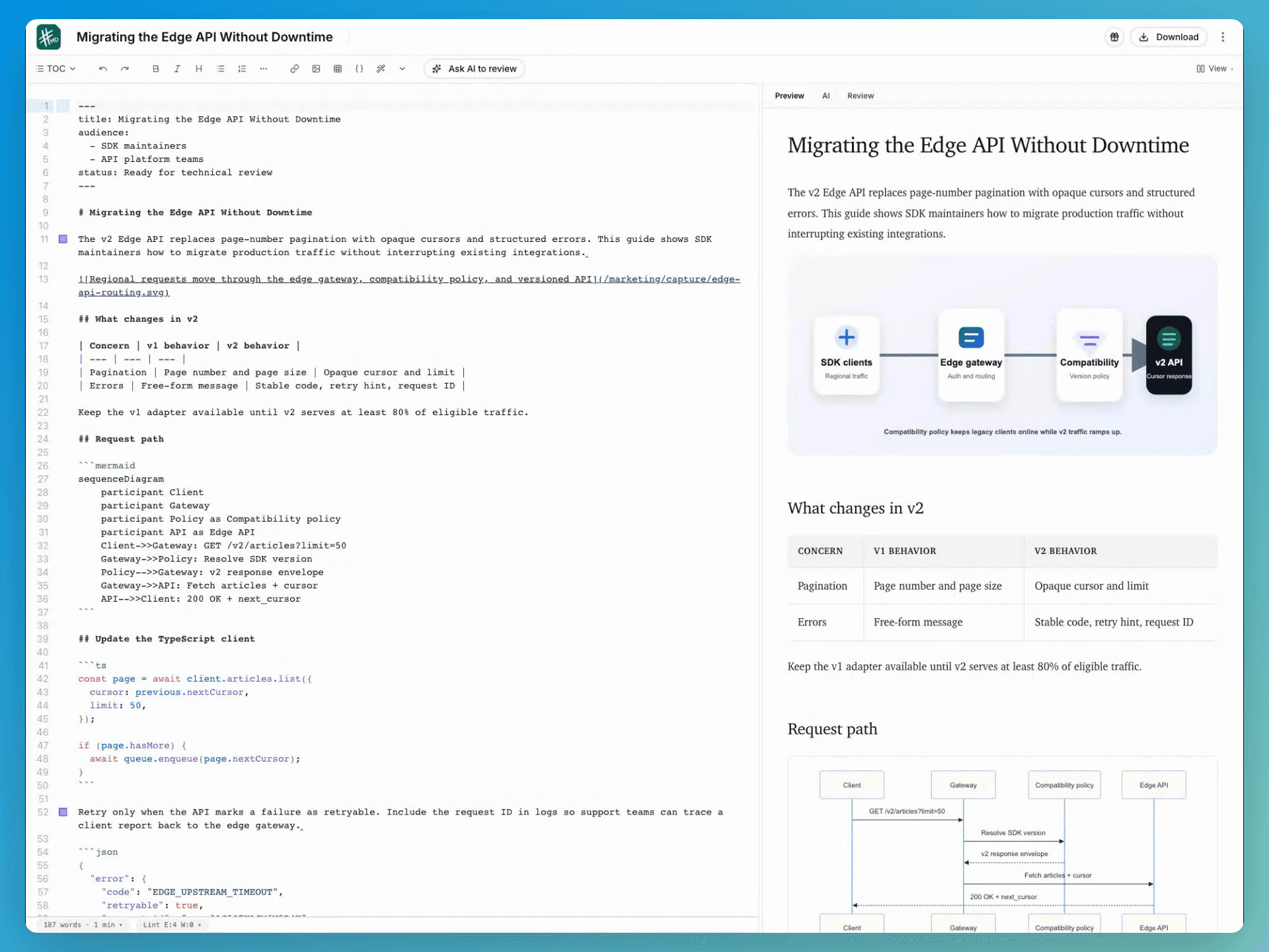 Markdown lint diagnostics and issue navigation in mdedit.ai