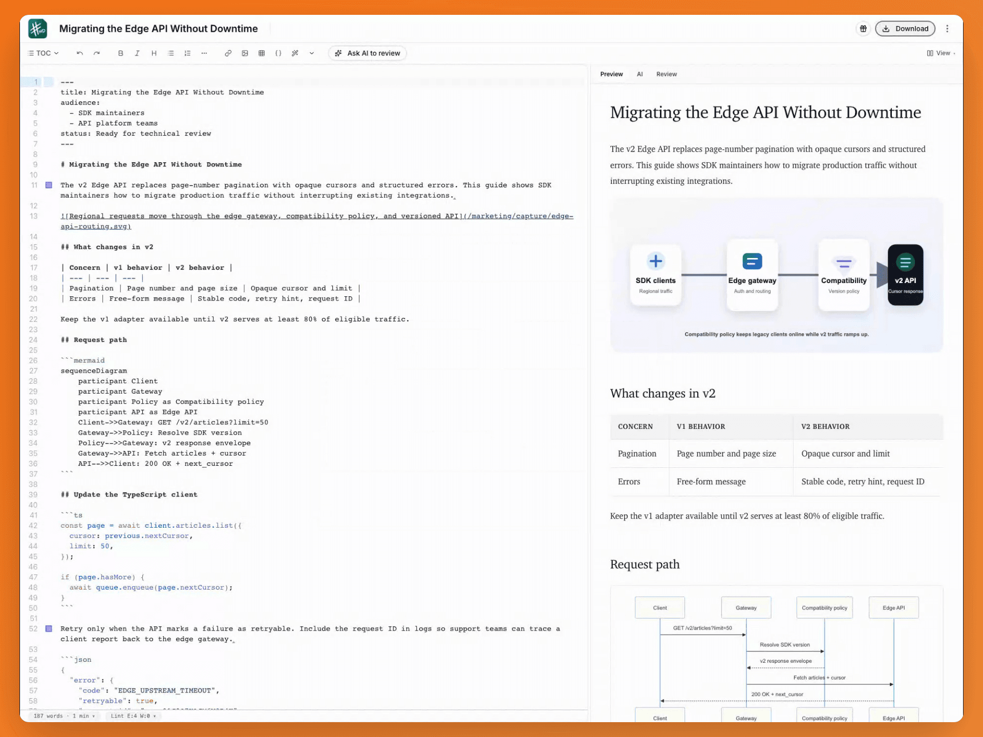 Exporting a technical document as a portable PDF