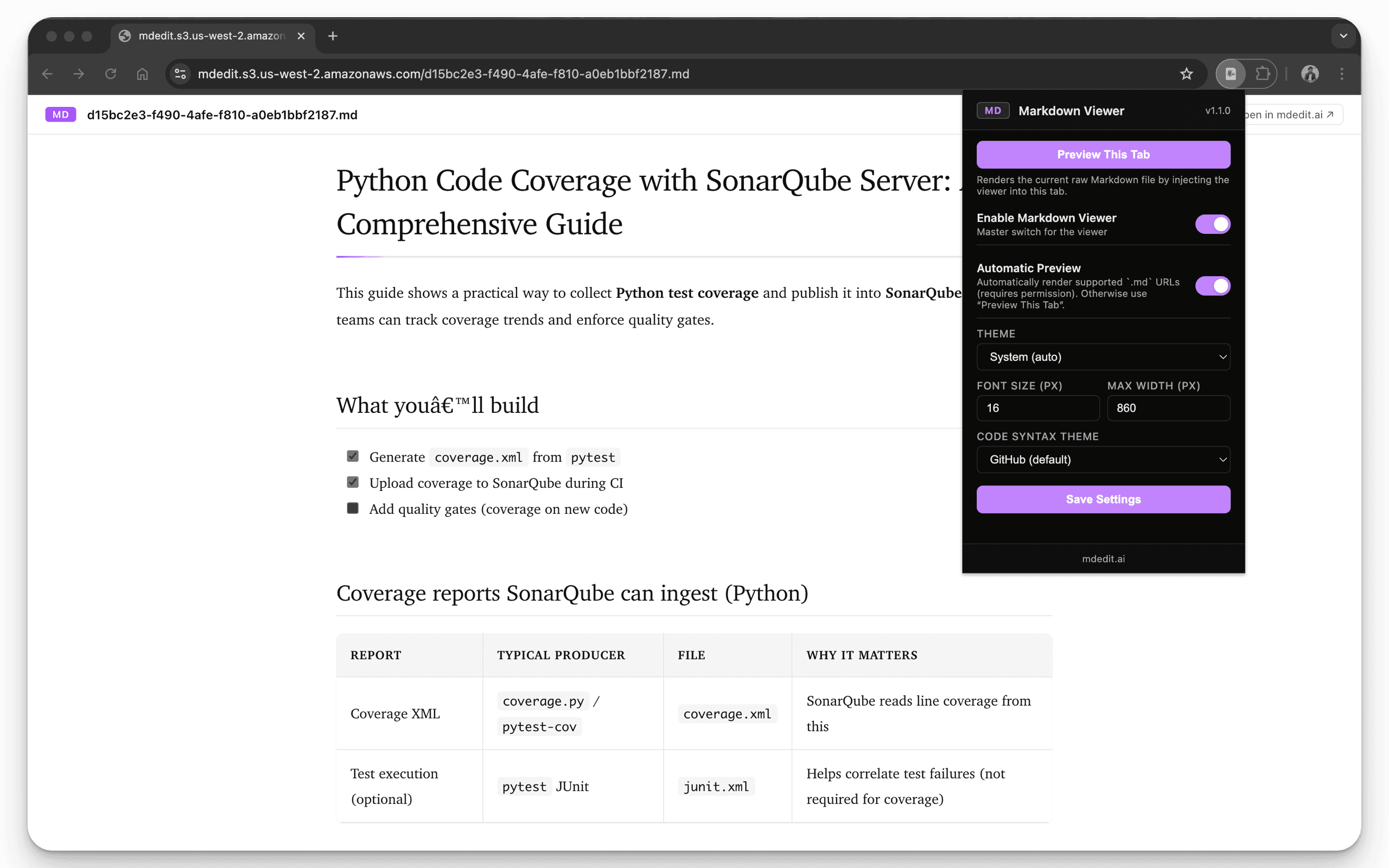 Markdown Viewer & Reader settings popup