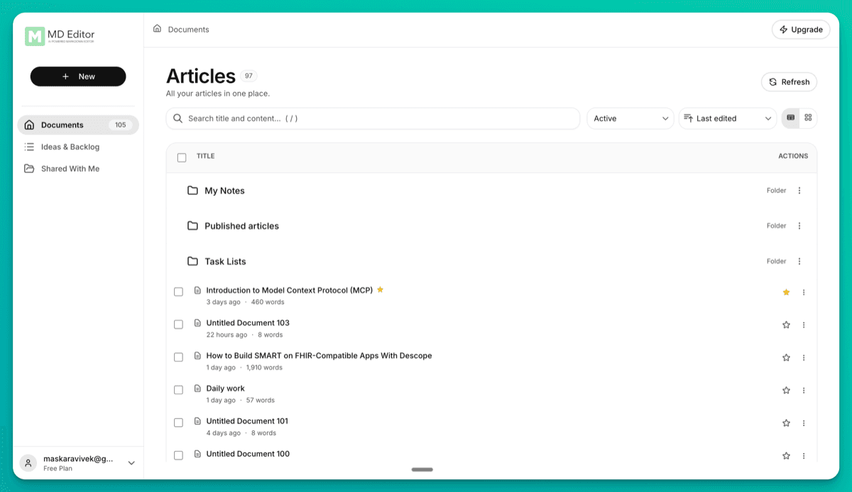 Folders in the document list
