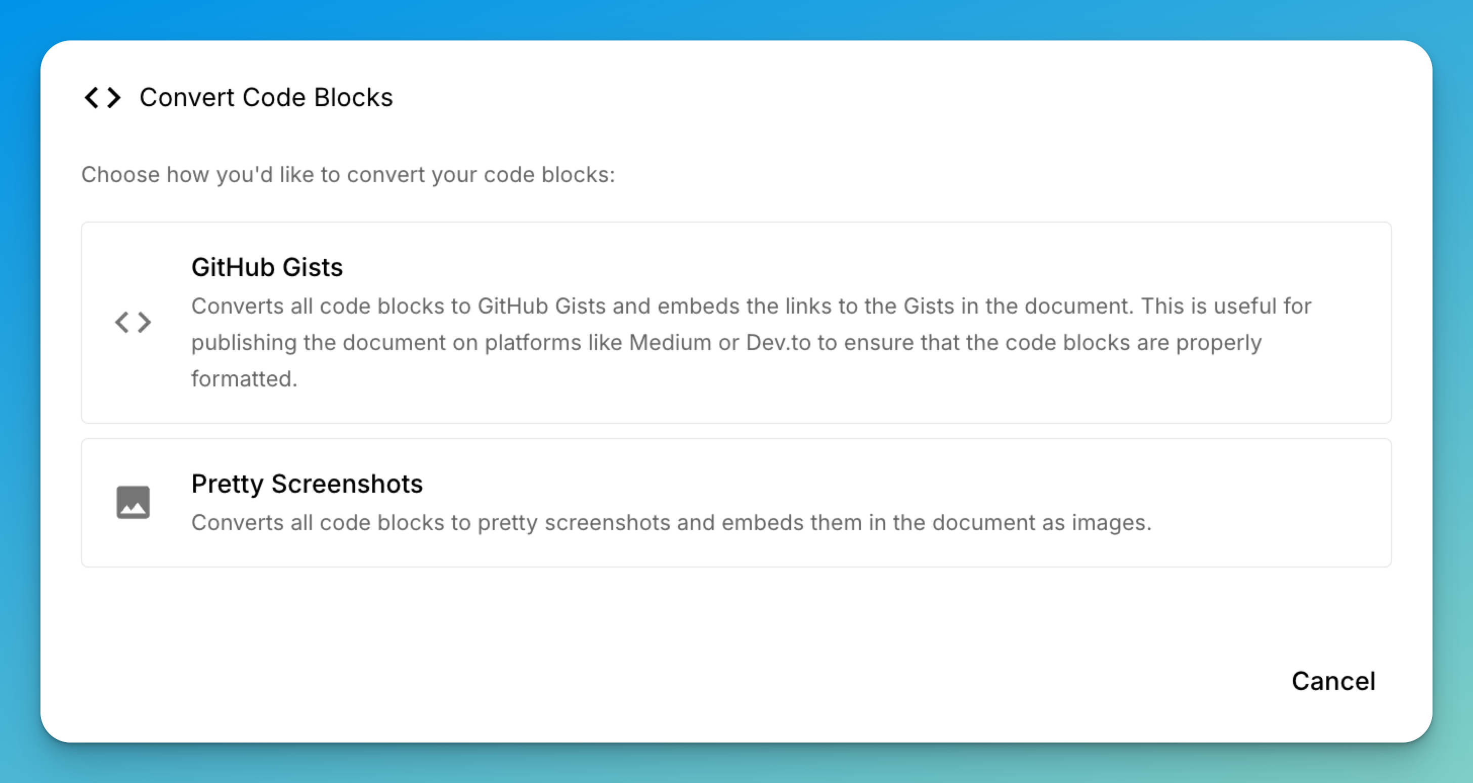 Gist and code screenshot actions